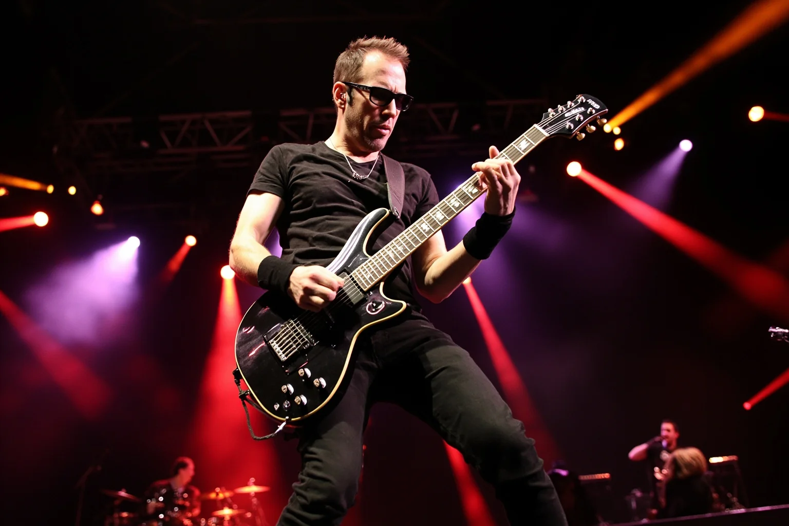 A rock guitarist performing an energetic two-handed tapping solo on an electric guitar, dynamic motion lines, arena stage lights
