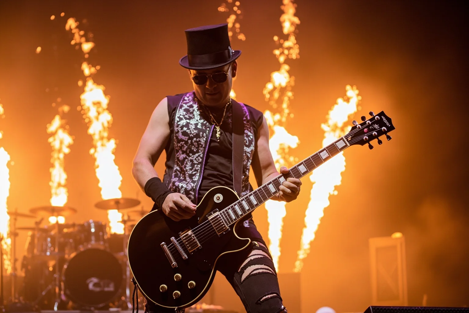 A rock guitarist wearing a top hat and sunglasses playing a Les Paul-style guitar on a large concert stage with pyrotechnics