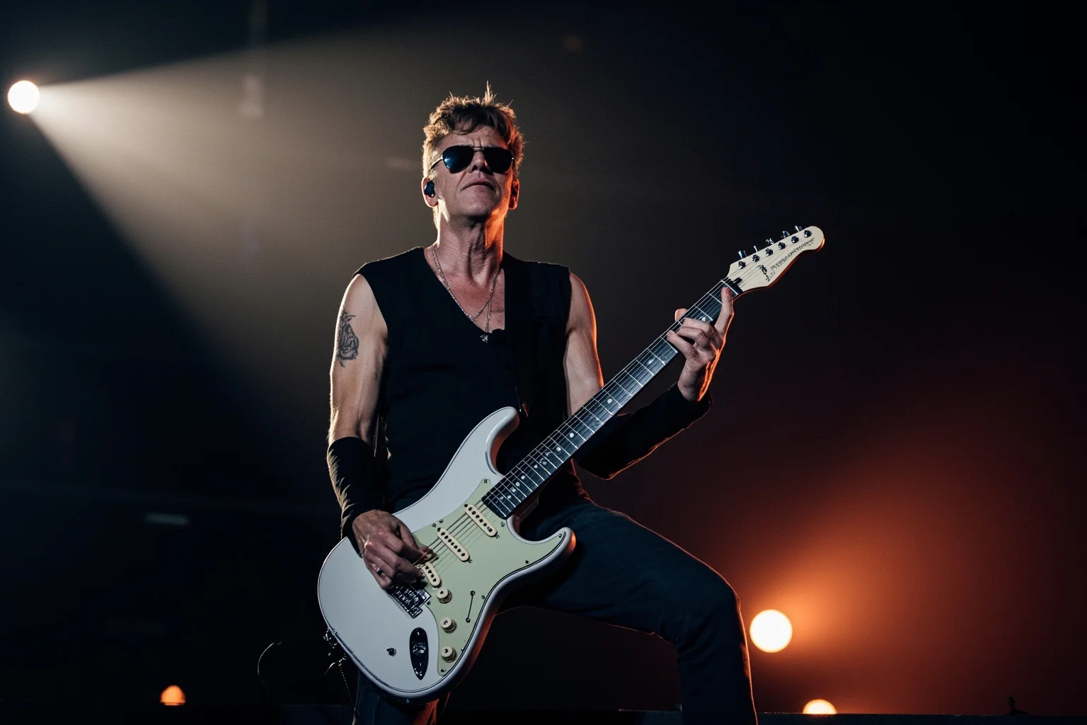 A rock guitarist with an open-tuned electric guitar, five strings visible, mid-riff on a stadium stage with dramatic backlighting