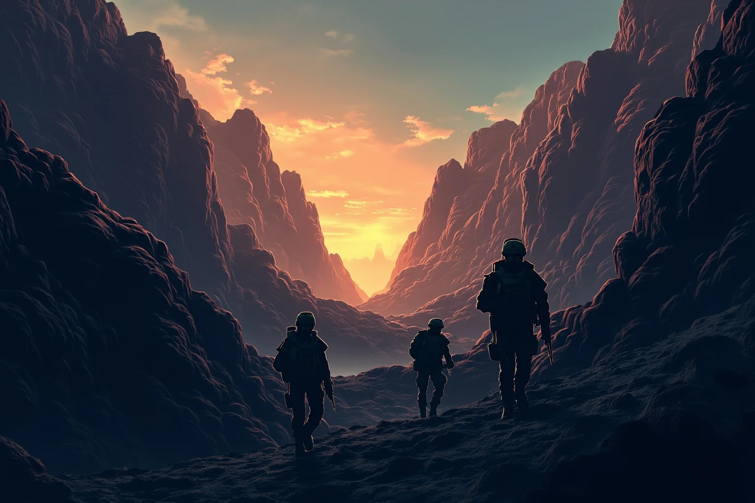 Memorable Moments Of Friendly Fire Throughout History 18 A rocky canyon landscape at dusk with silhouetted soldiers on patrol, generic modern military illustration