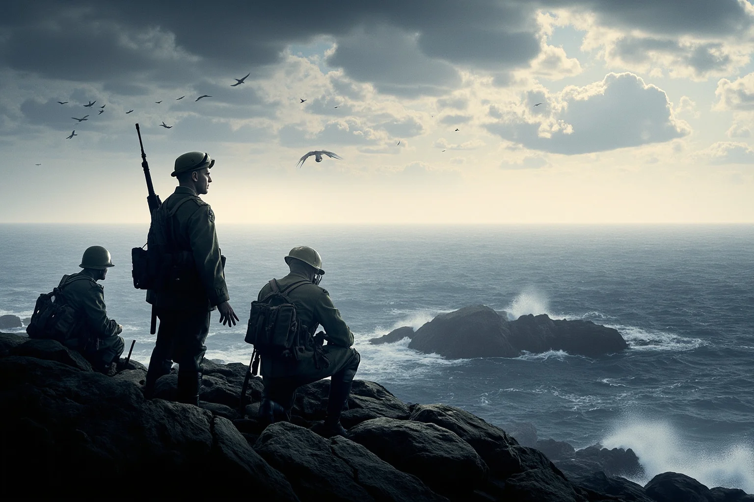 20 Famous Historical Quotes That Were Taken Out of Context 5 A rocky coastline with silhouettes of soldiers looking out at the sea under a cloudy sky, symbolic World War II era illustration