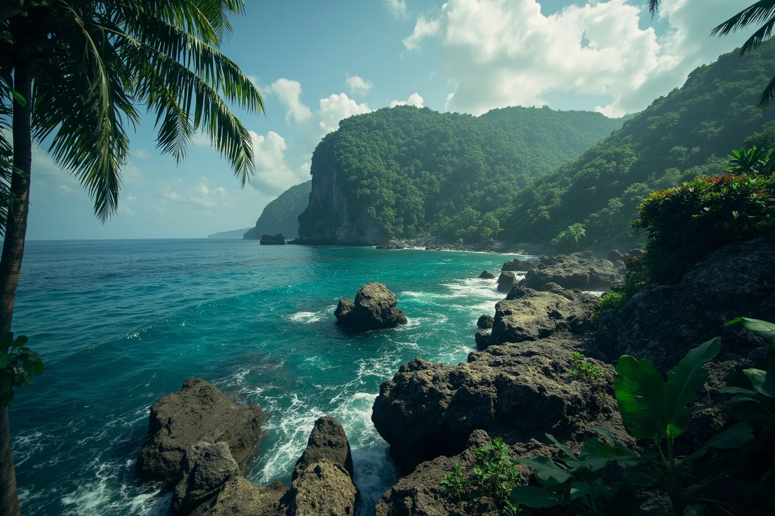 Missing Legendary Treasures That Are Yet to Be Found 9 A rocky tropical island coastline with dense jungle, hinting at a hidden pirate treasure cache