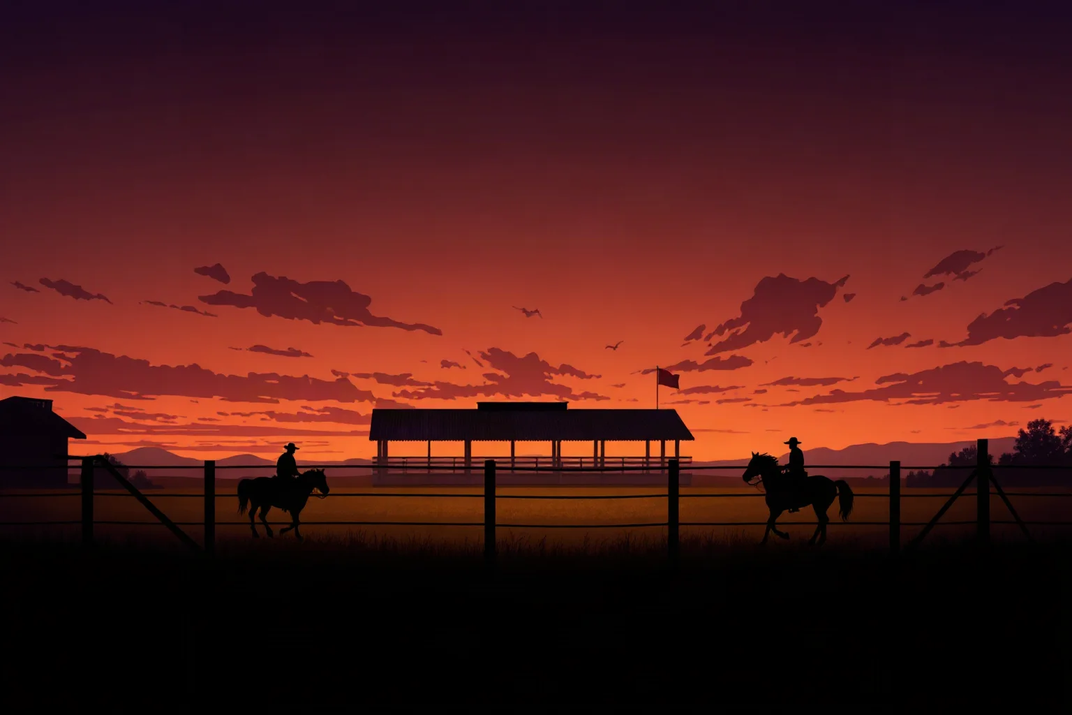 A rodeo arena silhouette at dusk with a fence and open field, dramatic western illustration
