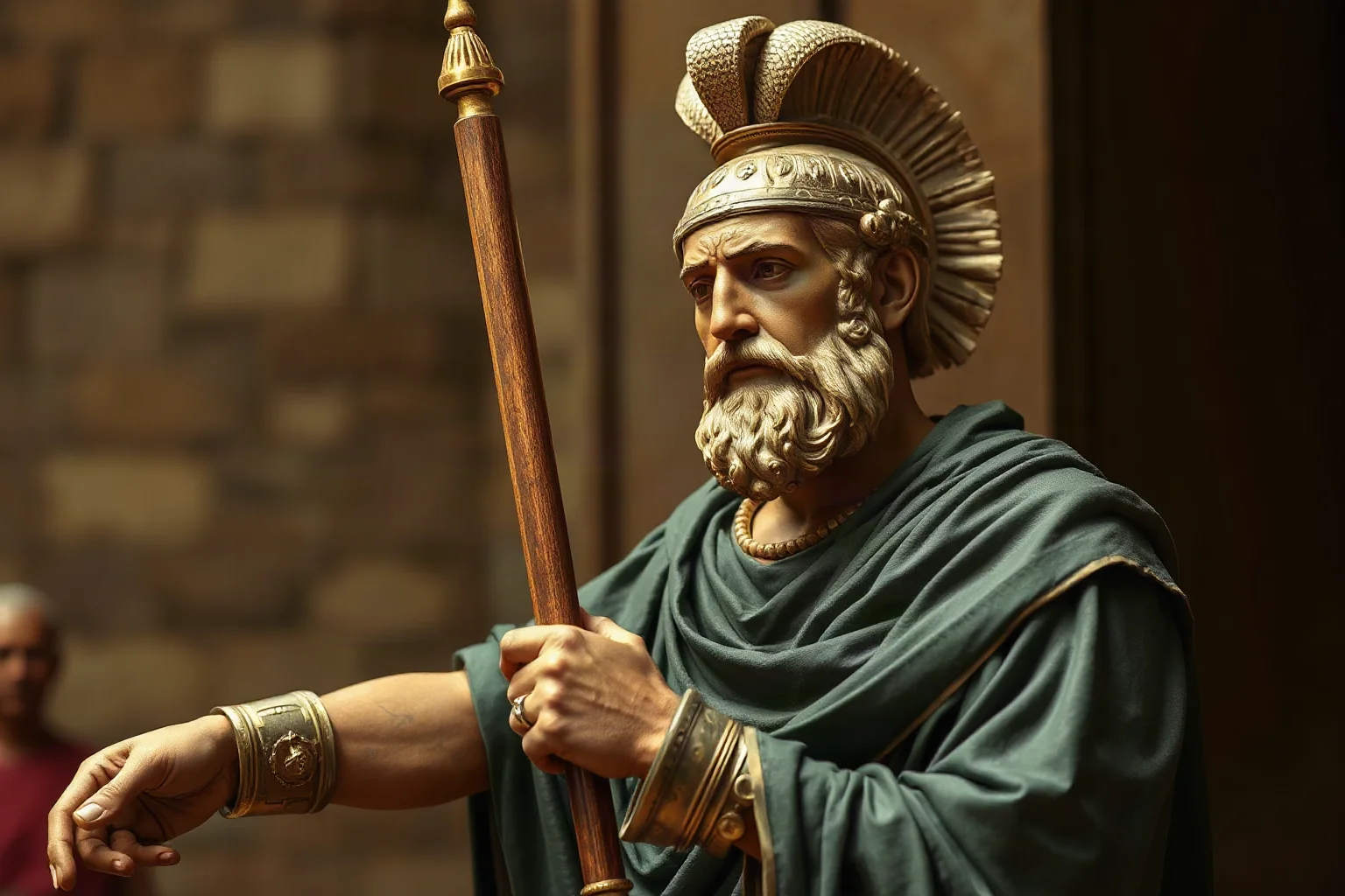 A Roman administrator of distinguished bearing overseeing the expansion of ports, aqueducts, and infrastructure improvements across the empire