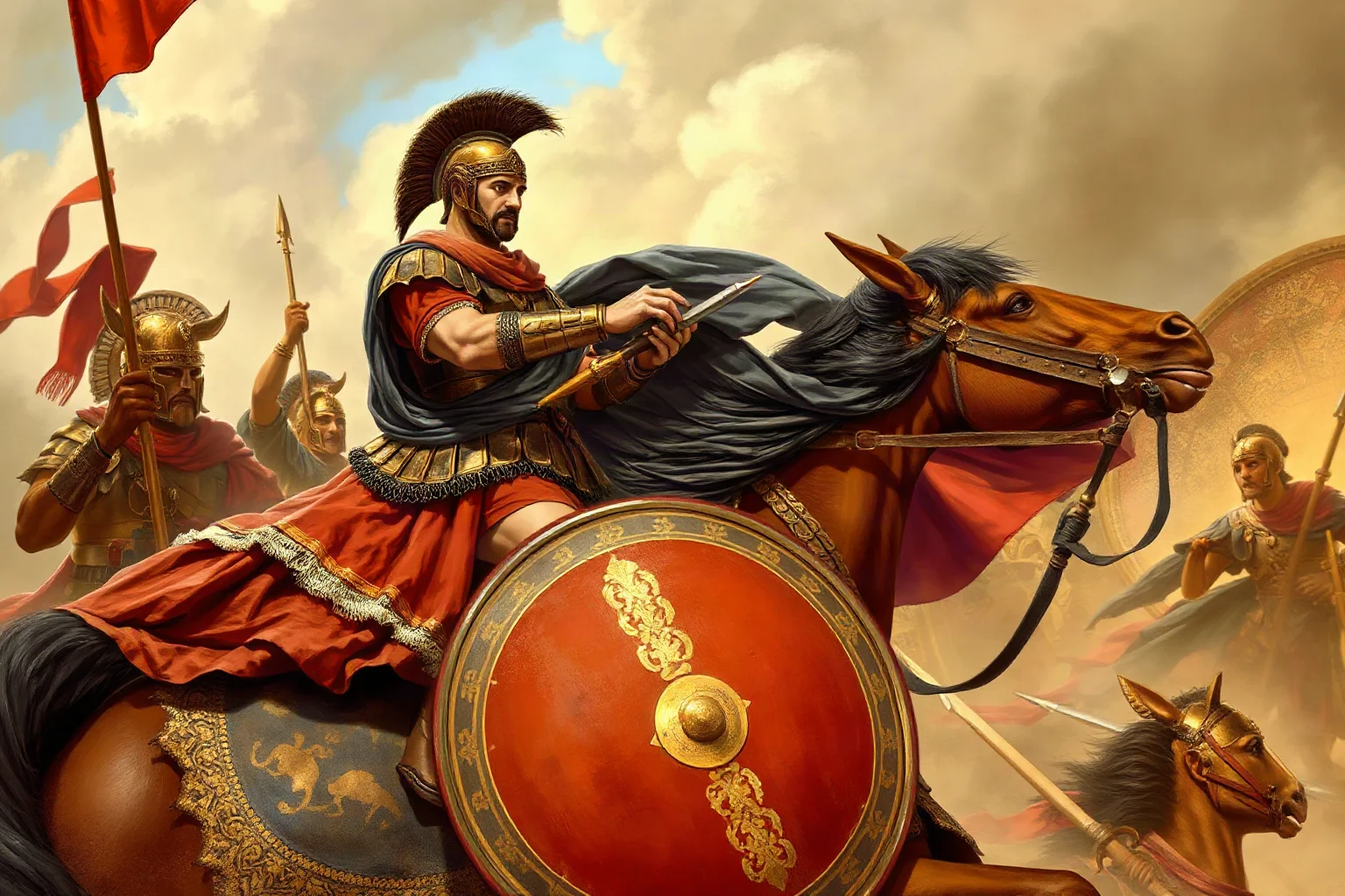 A Roman commander on horseback observing a soldier performing an act of valor in battle, making note of the bravery