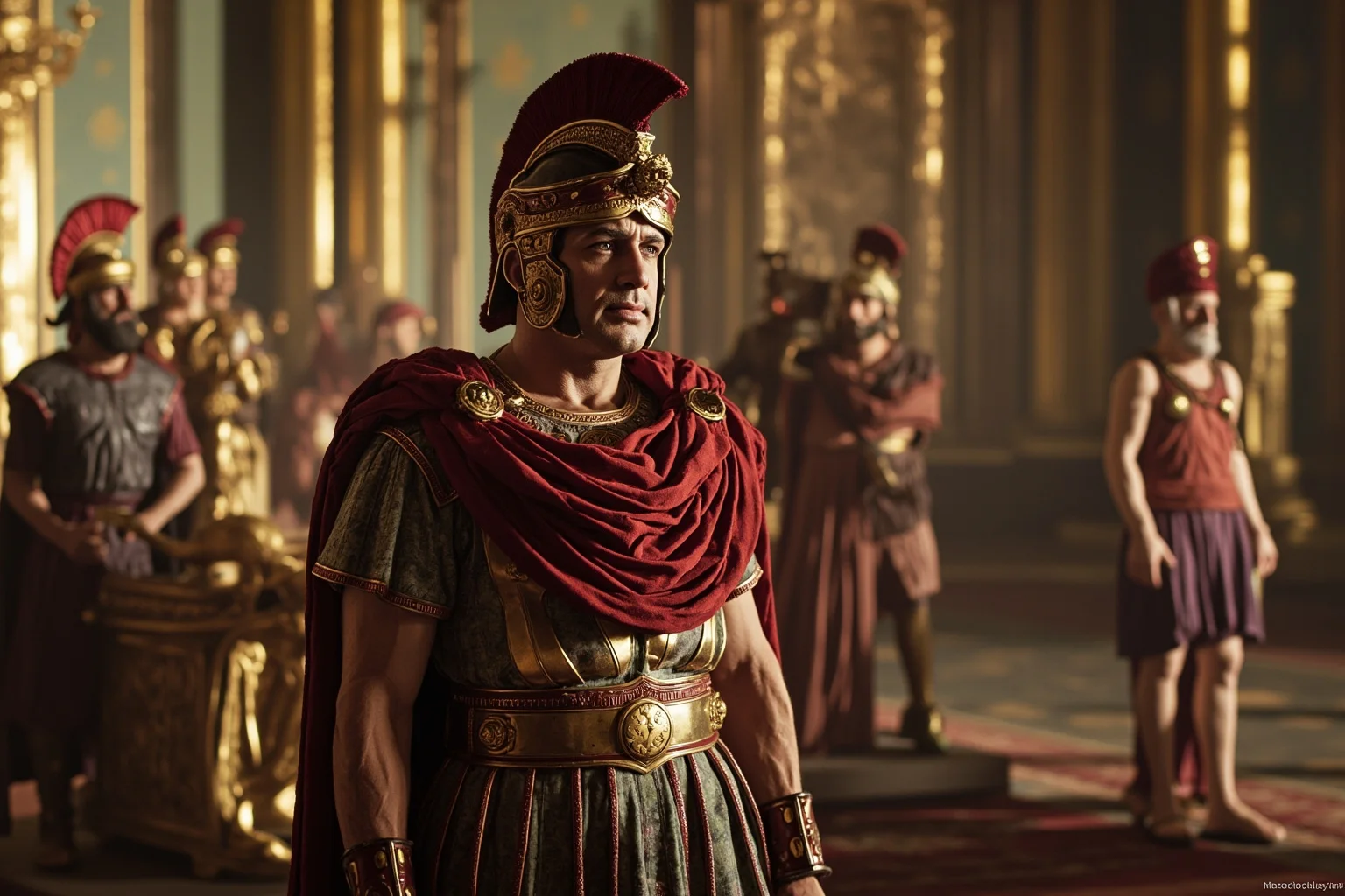 A Roman emperor during a period of civil war standing indecisively in a palace, surrounded by symbols of excess and incompetence