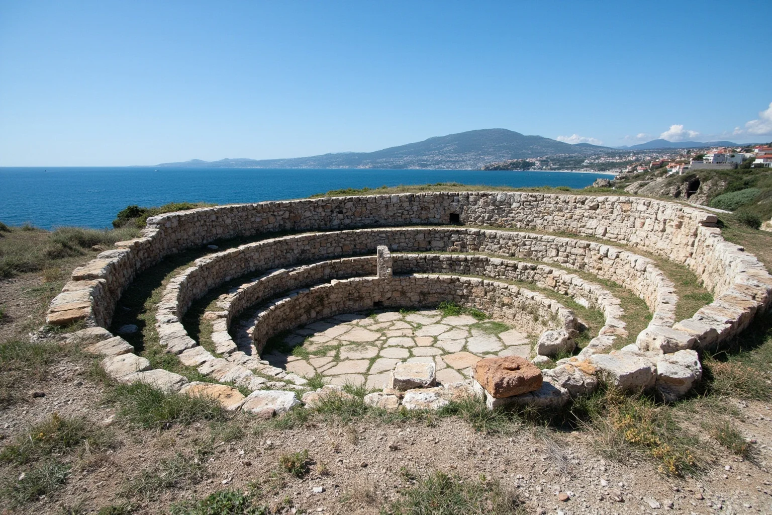 A Roman-era coastal fort with round stone walls beside the sea, partially in ruins