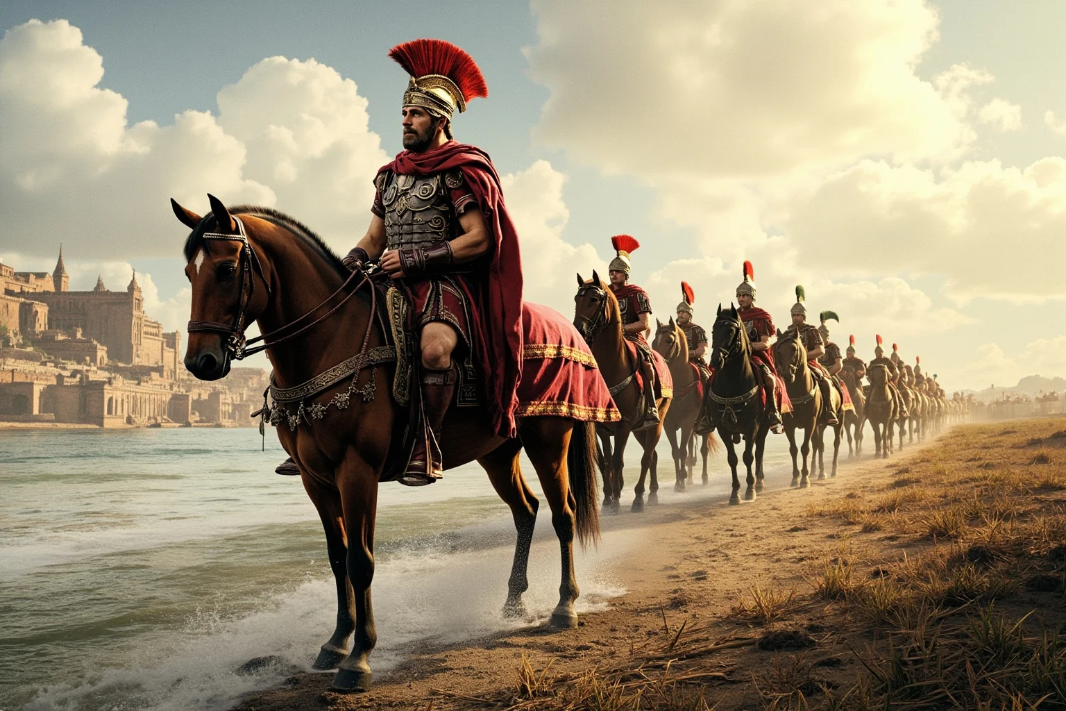 A Roman general on horseback pausing at a river's edge with soldiers behind him