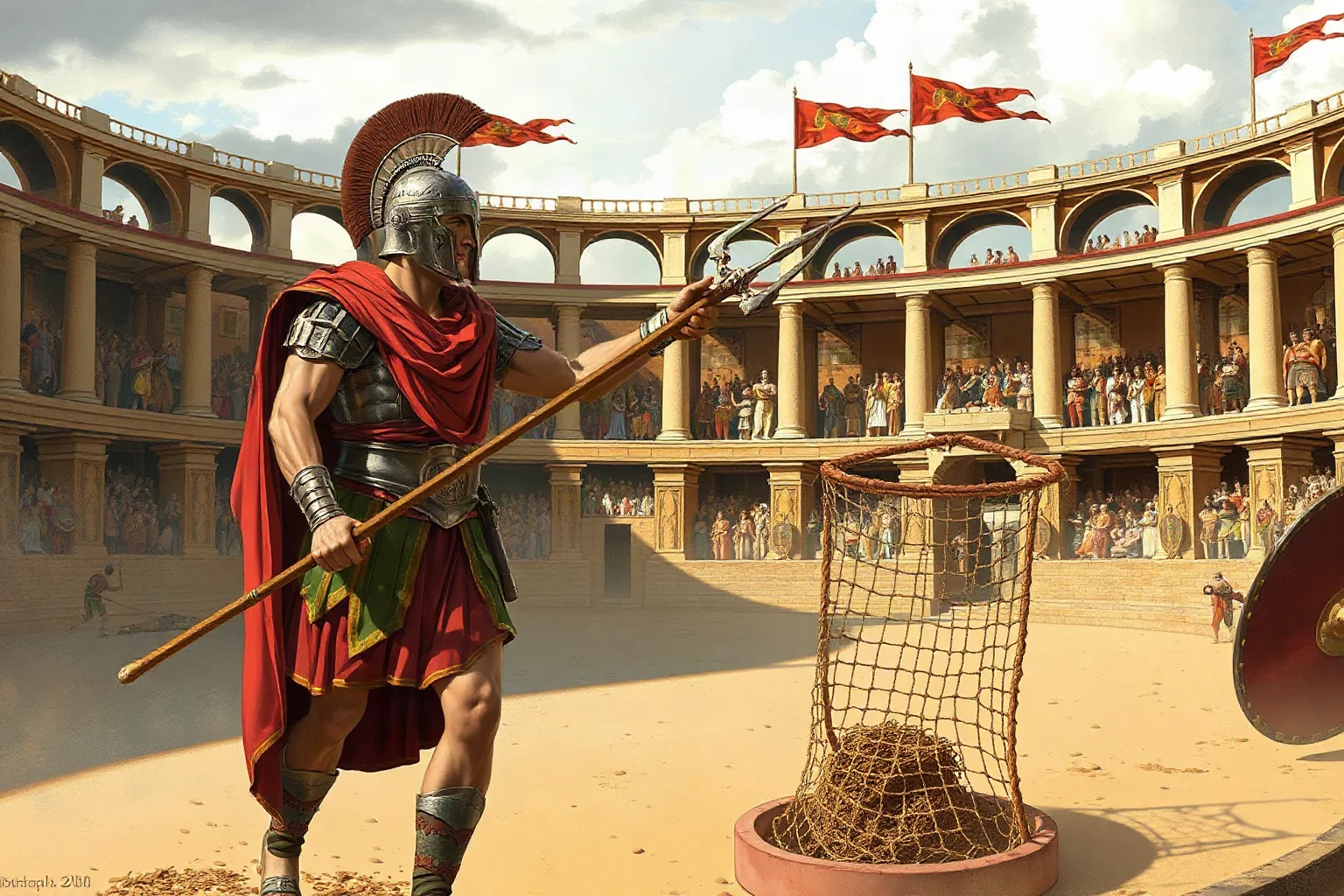 A Roman gladiator (retiarius) holding a trident and weighted net in an arena, historical illustration