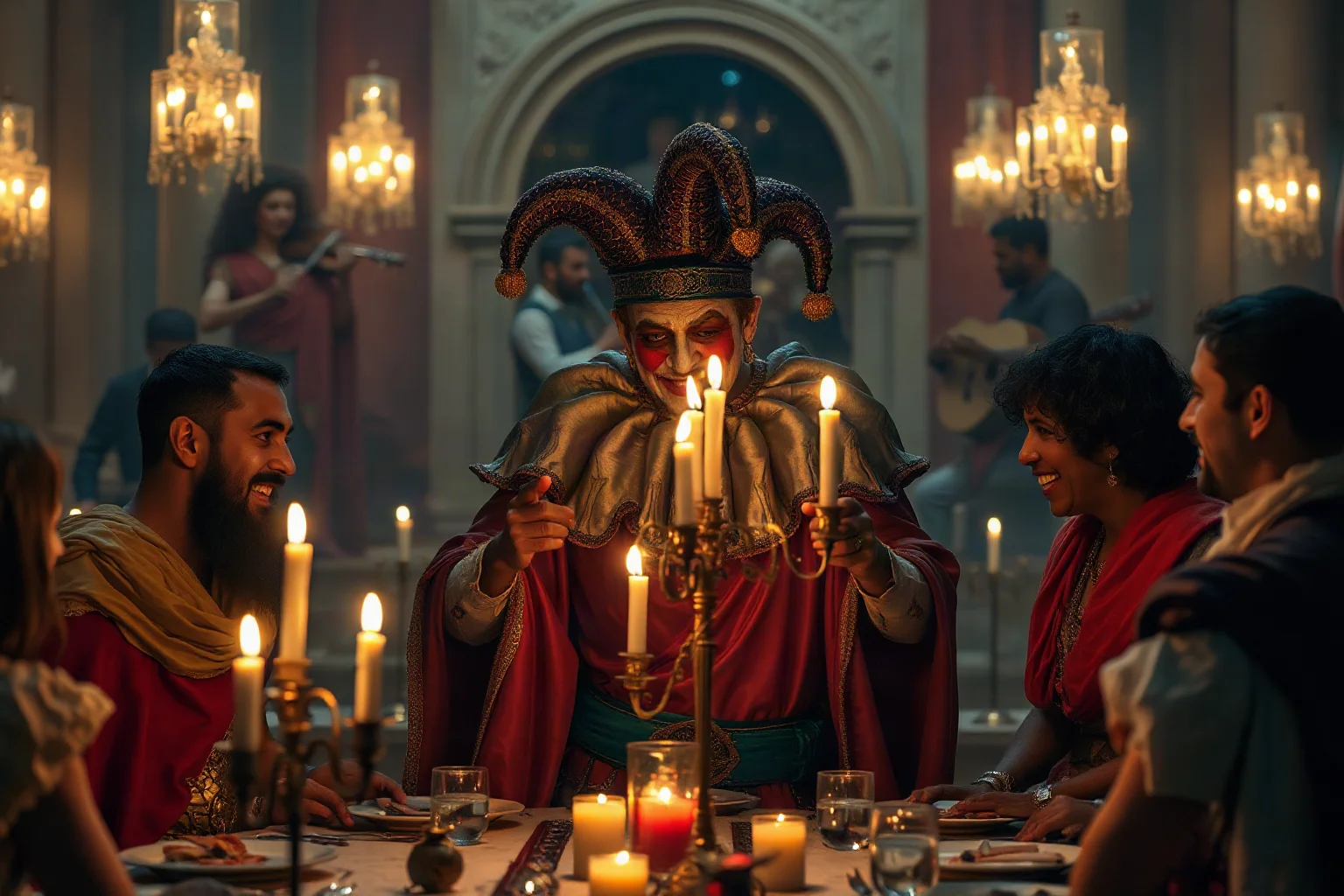 A Roman jester entertaining wealthy guests at a lavish candlelit banquet with musicians in the background