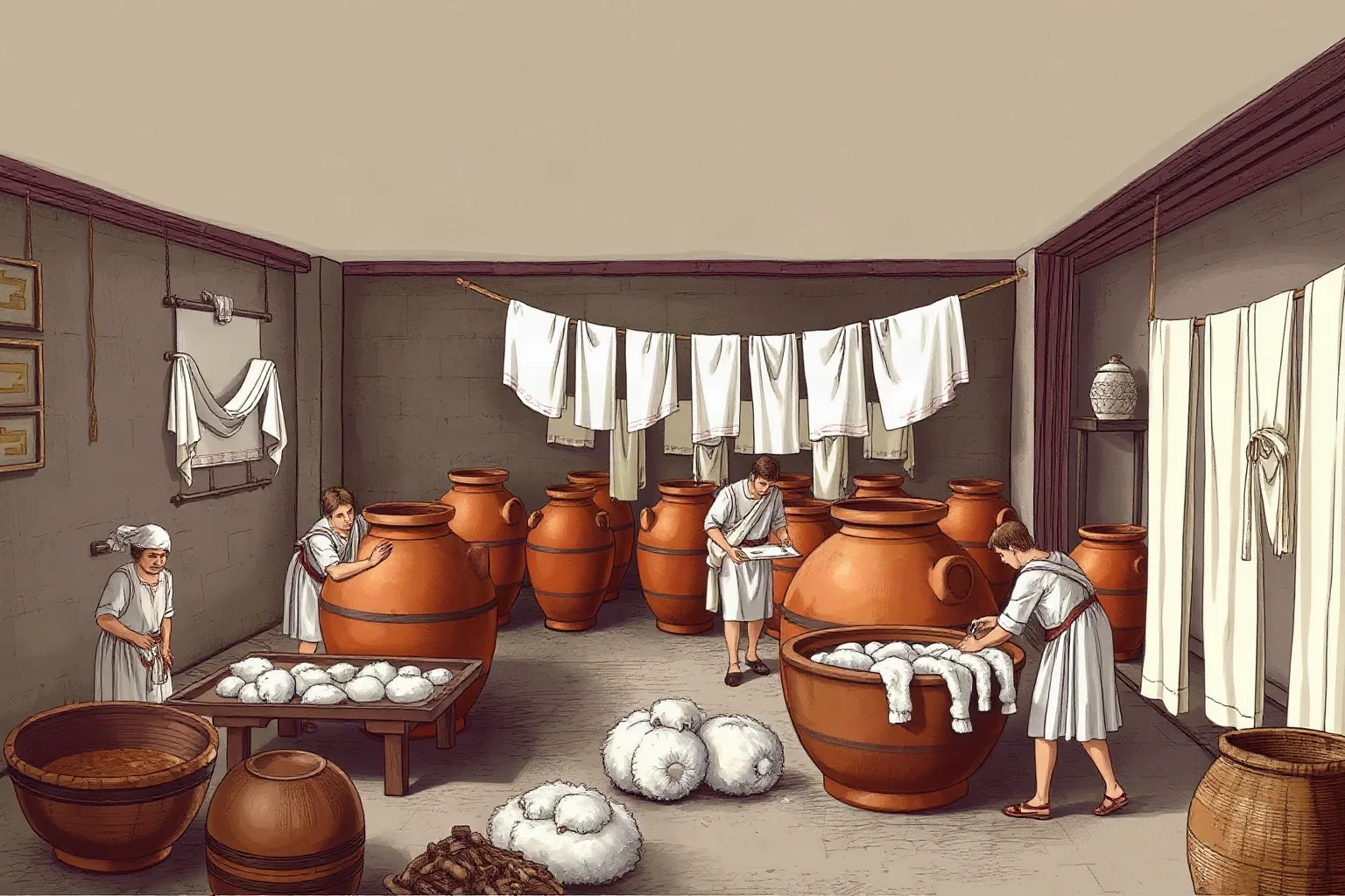 A Roman laundry workshop with large clay vats and hanging fabric, workers processing wool, ancient historical illustration