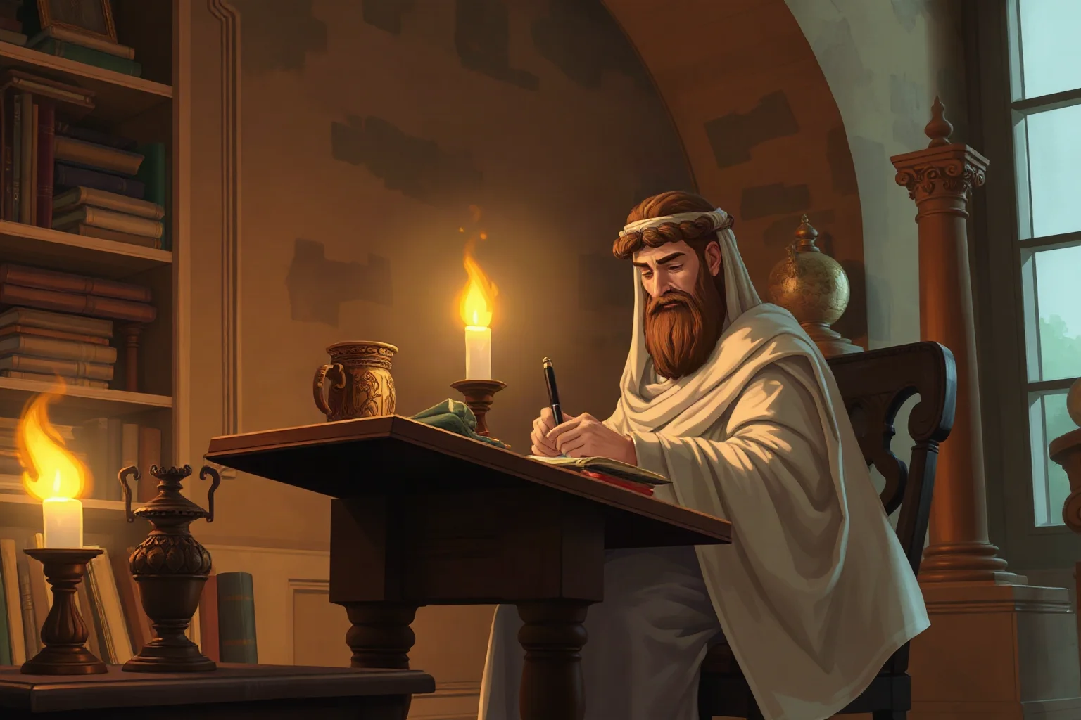 A Roman poet in a toga writing at a wooden desk in a candlelit study, illustrative style