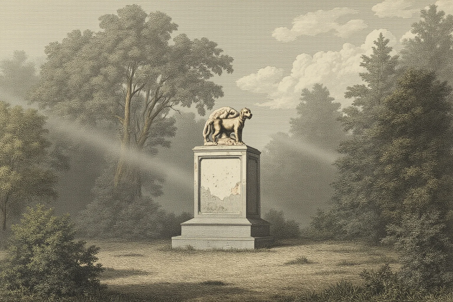 Most Famous Dogs in History: 22 Iconic Canines Who Made Their Mark 4 A Romantic-era illustration of a grand marble dog monument in a misty English garden estate