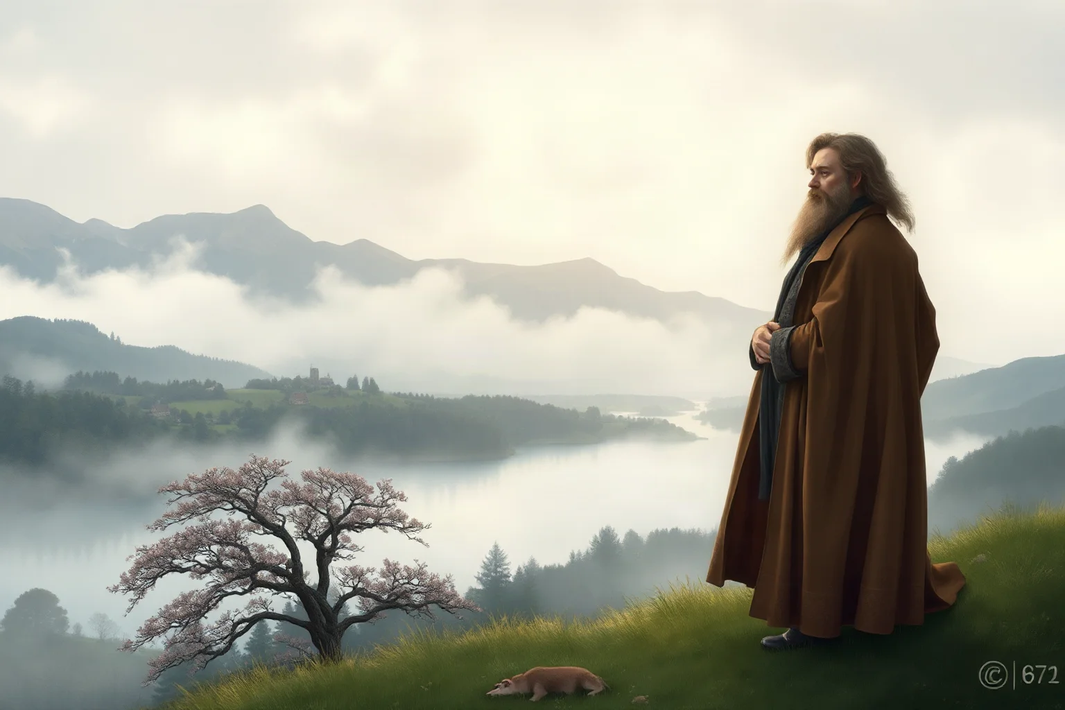 A Romantic-era poet standing on a misty English hillside overlooking lakes and mountains, illustrative style