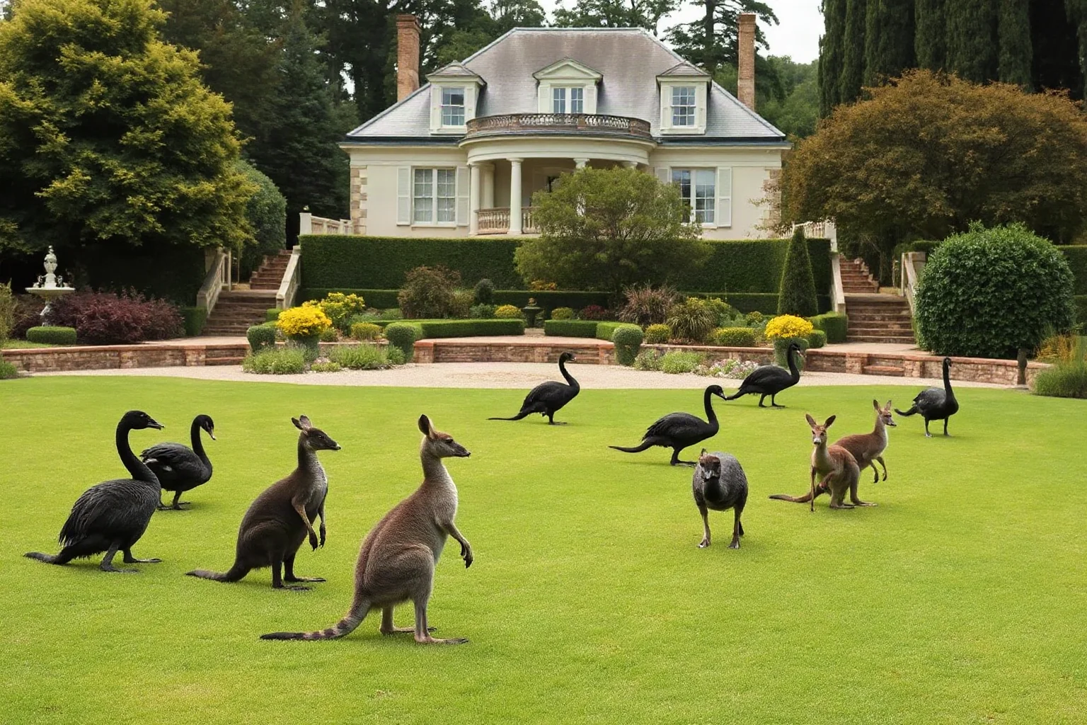 A romantic garden estate with kangaroos and black swans on a lawn near a grand French country house, early 1800s style
