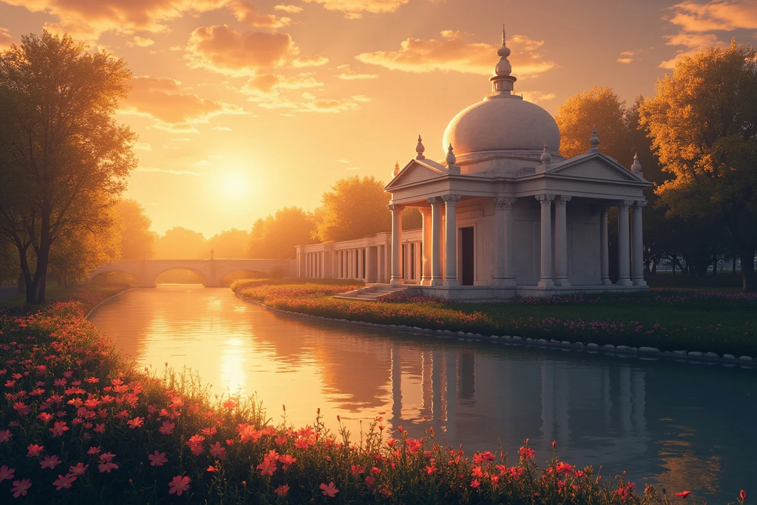 Historical Figures Who Died Of A Broken Heart 10 A romantic illustration of a grand white marble mausoleum being built beside a river under a golden sunset