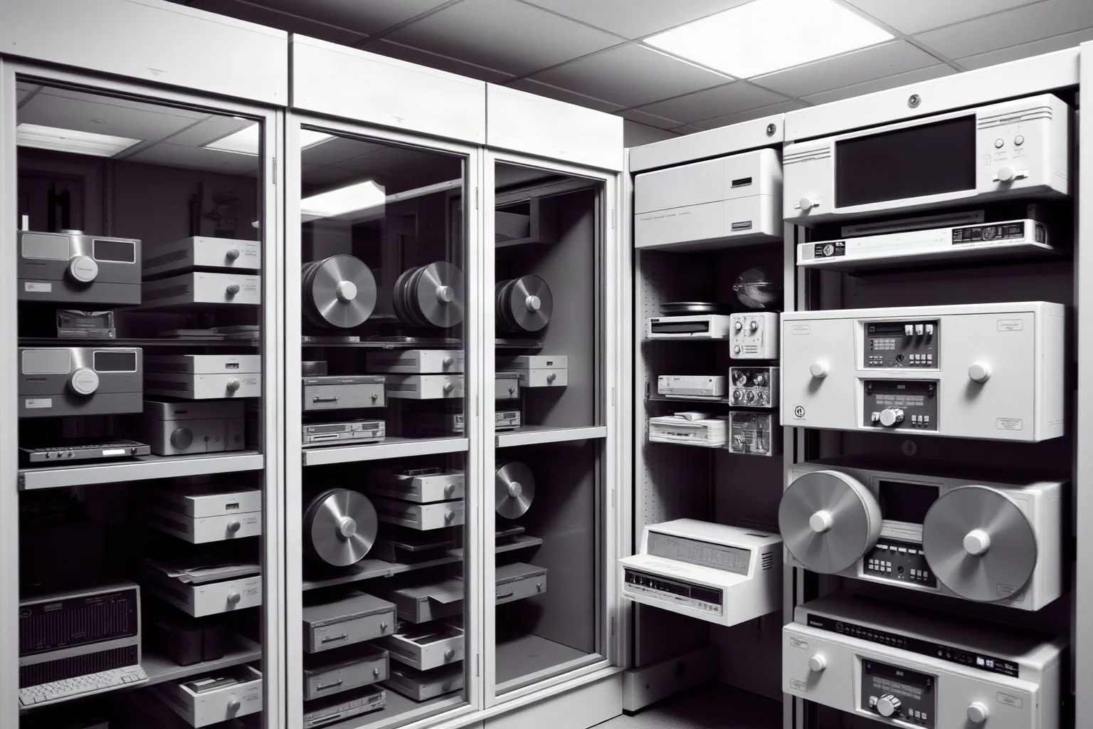 A room-sized 1950s computer cabinet with spinning magnetic disk storage
