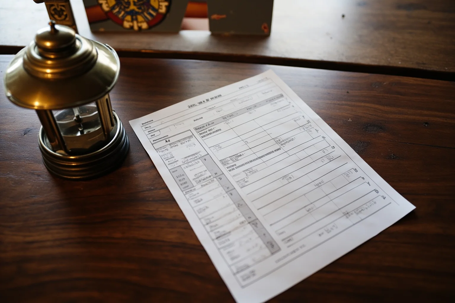 A rotating lighthouse duty roster chart on a wooden desk with an old maritime lamp