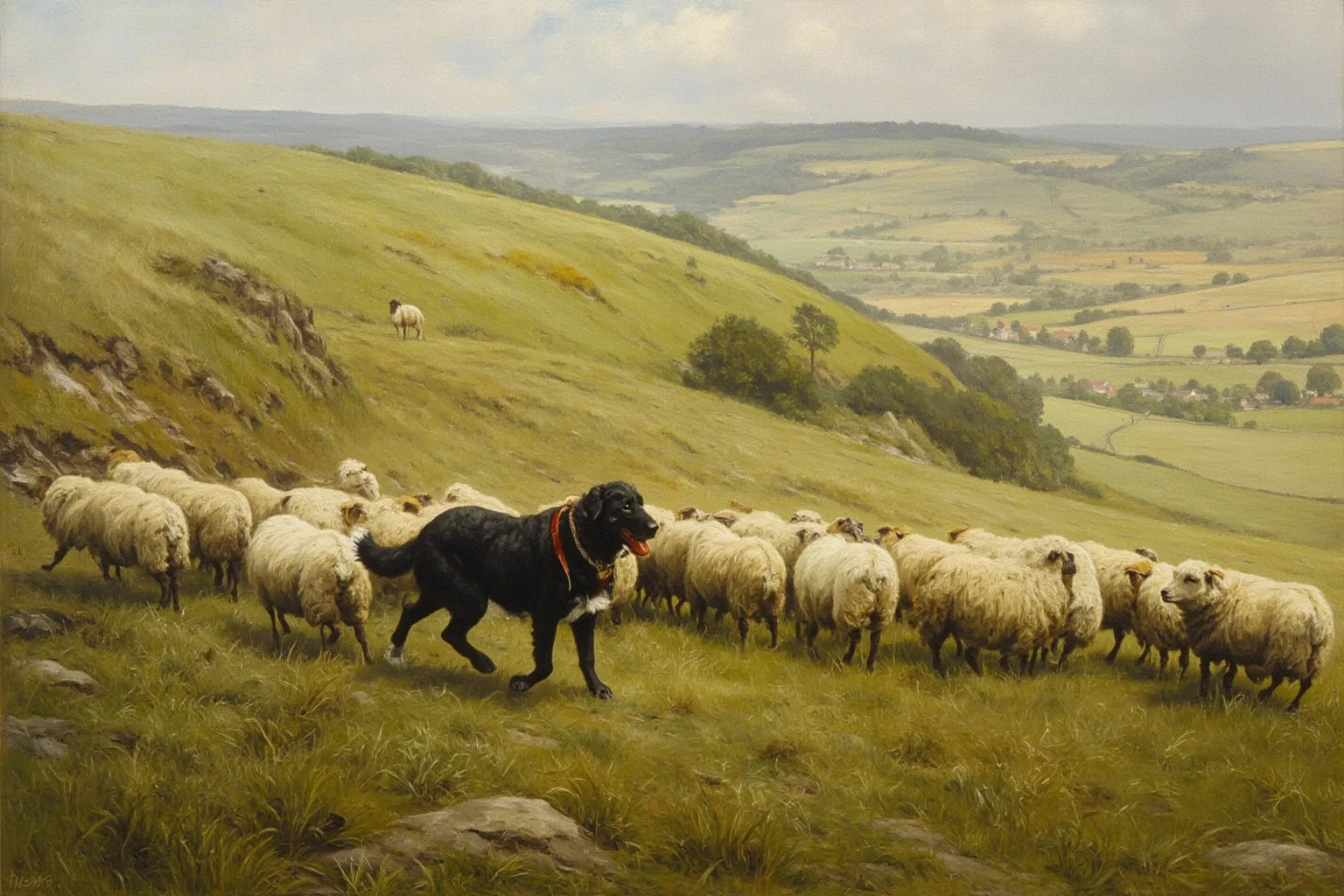 Pooches of the Past: 23 Extinct Dog Breeds and Their Stories 24 A rough-coated herding dog guiding sheep across green hill country in northern England, pastoral painting style
