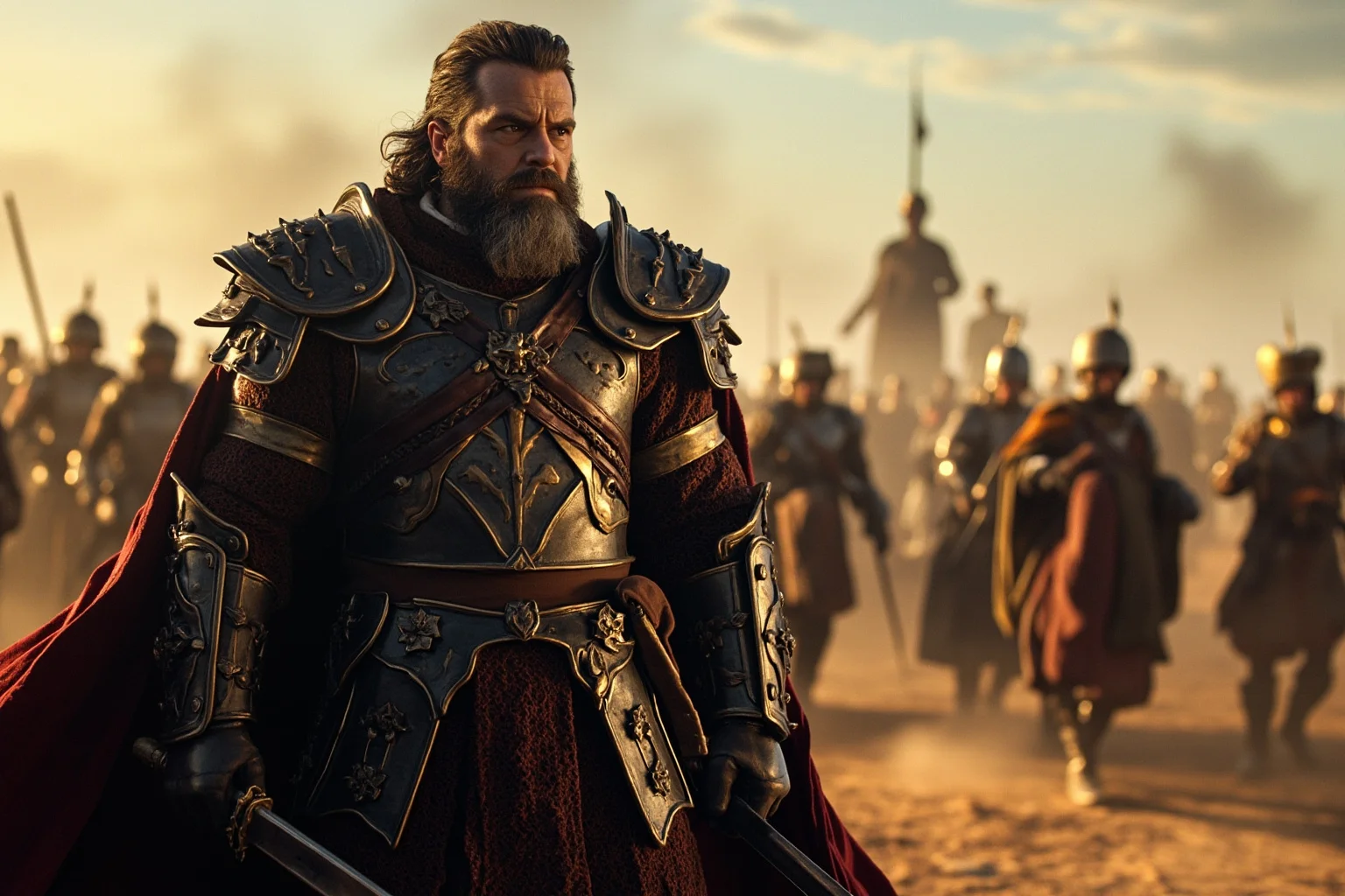A rough military commander in armor ruling an empire entirely from the frontier, surrounded by soldiers and military camps with tense senators in the distance