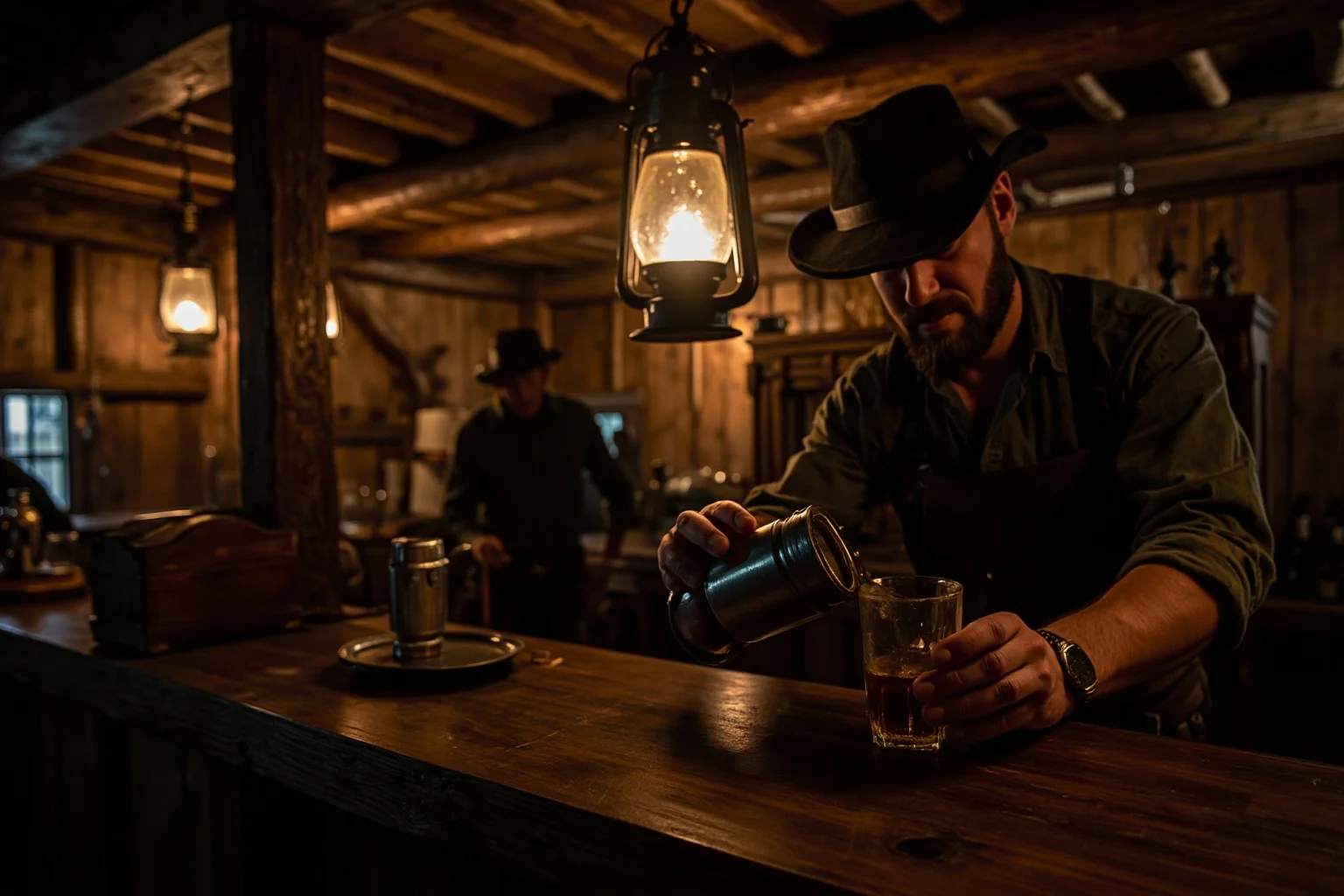 Hilarious Slang Terms From The Wild West 12 A rough wooden saloon interior with a bartender pouring strong whiskey into a tin cup, dim lantern lighting