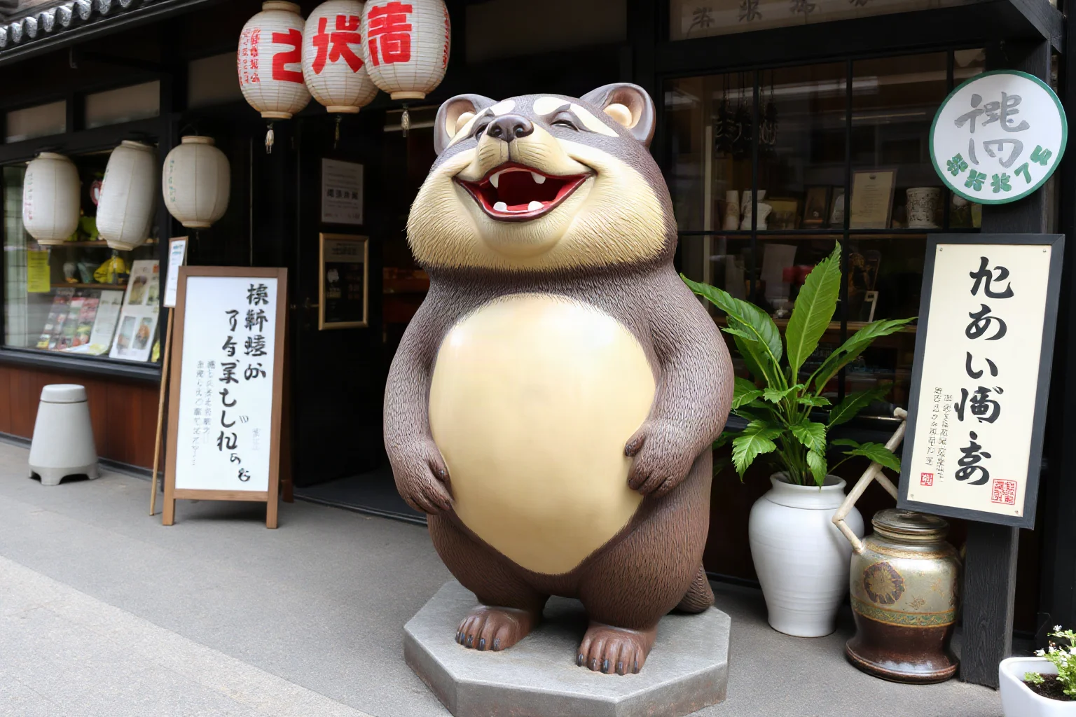 A round-bellied shape-shifting raccoon dog statue with a jovial expression outside a traditional Japanese shop