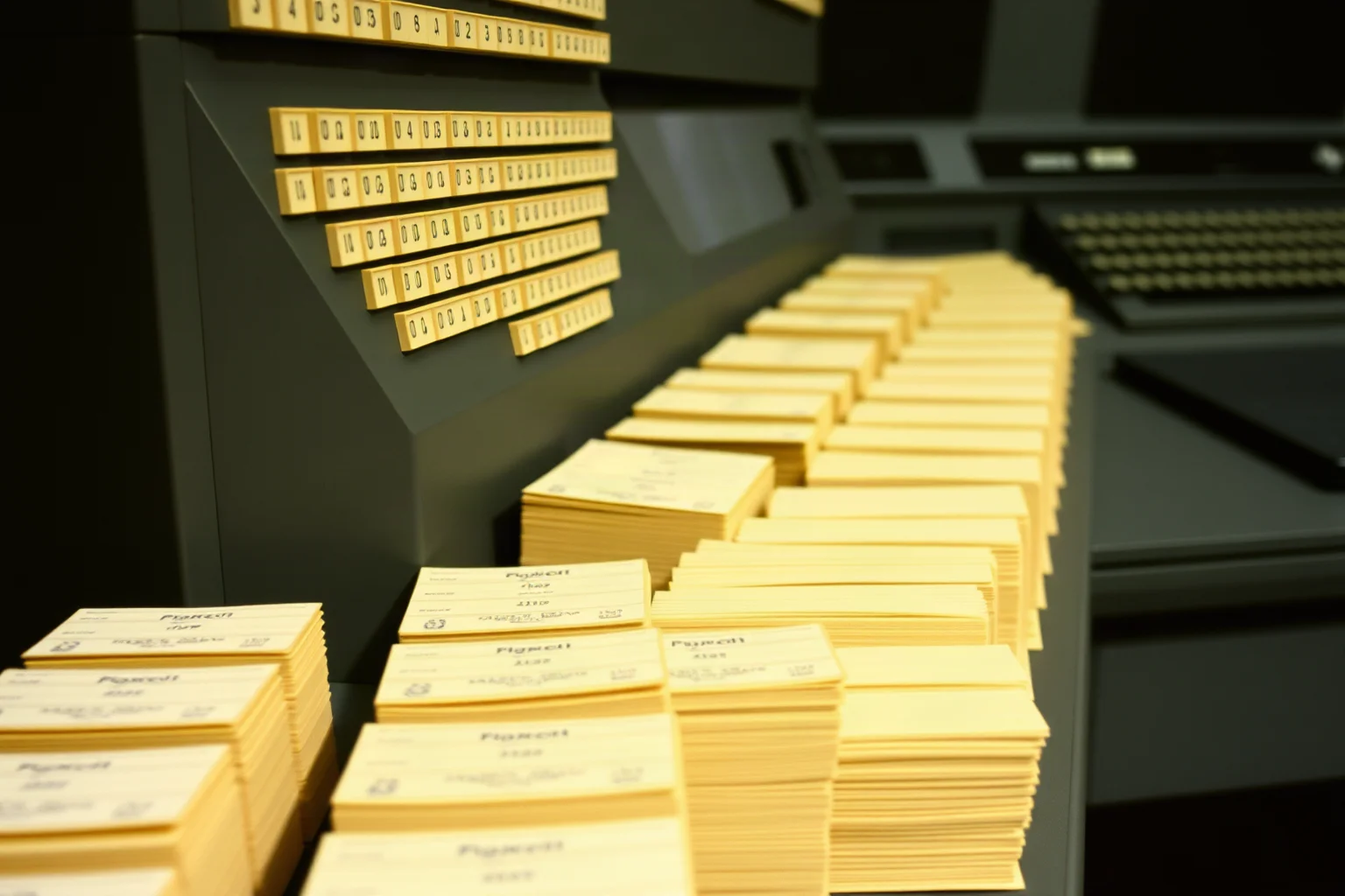 A row of 1950s punch cards beside a large mainframe computer console