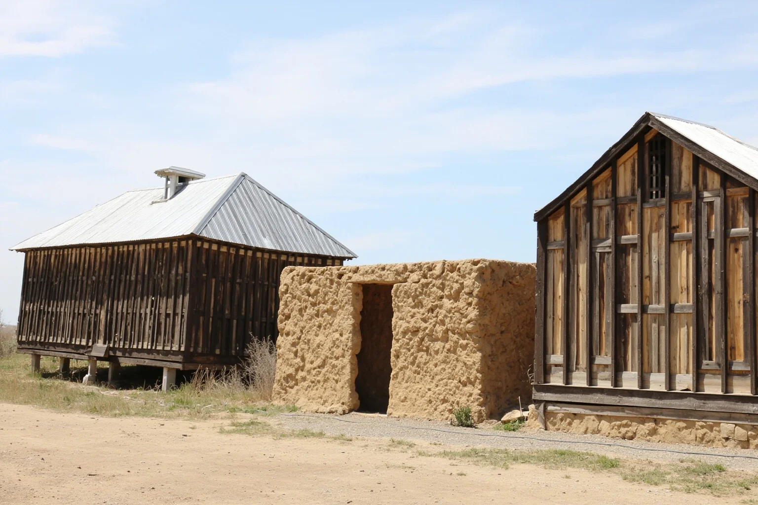 A row of different traditional dwellings side by side: a longhouse, an adobe pueblo, and a plank house, showing housing diversity
