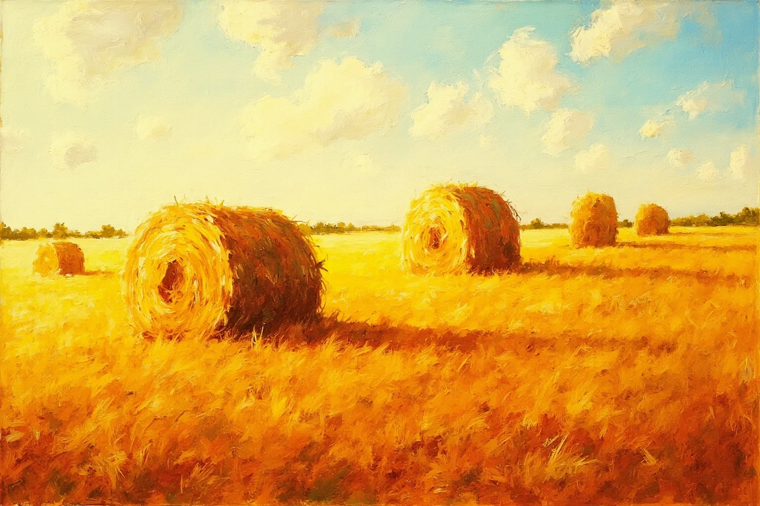 Amazing Facts About Claude Monet: His Life and 10 Greatest Paintings 16 A row of golden haystacks in a sunlit field at different times of day, impressionist painting style
