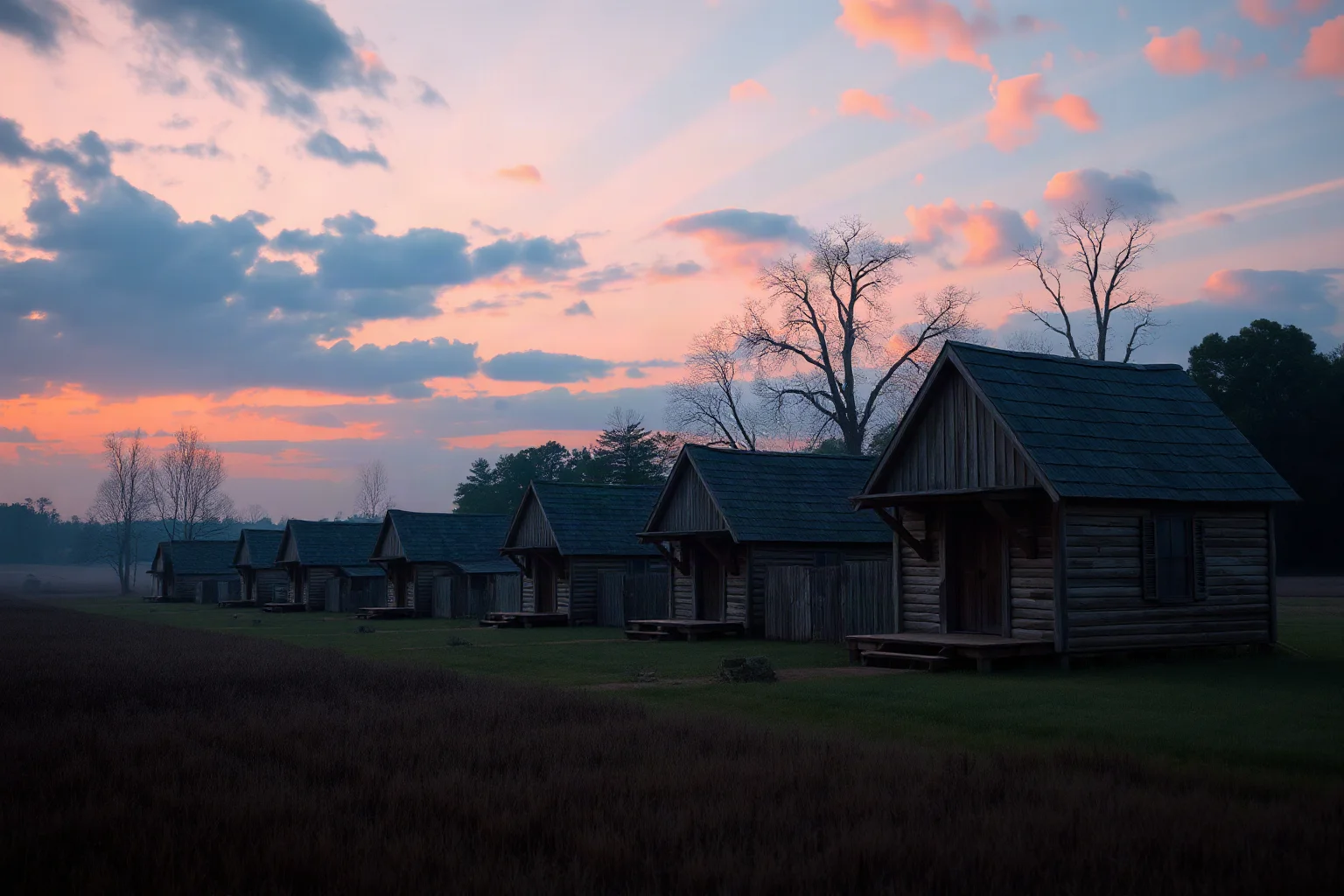 A row of small 18th-century wooden cabins on a plantation field at dusk, somber historical illustration