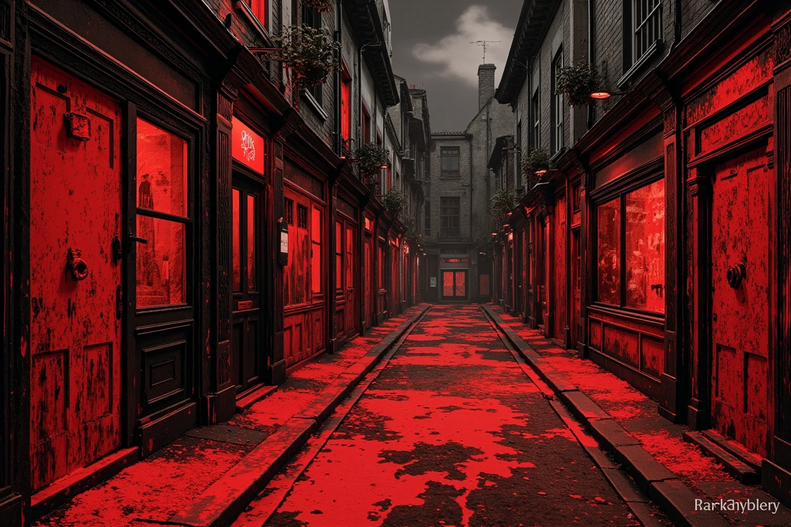 A rowdy 1800s English town street at night splashed with red paint on doors and walls, festive chaotic vintage illustration for 'paint the town red'