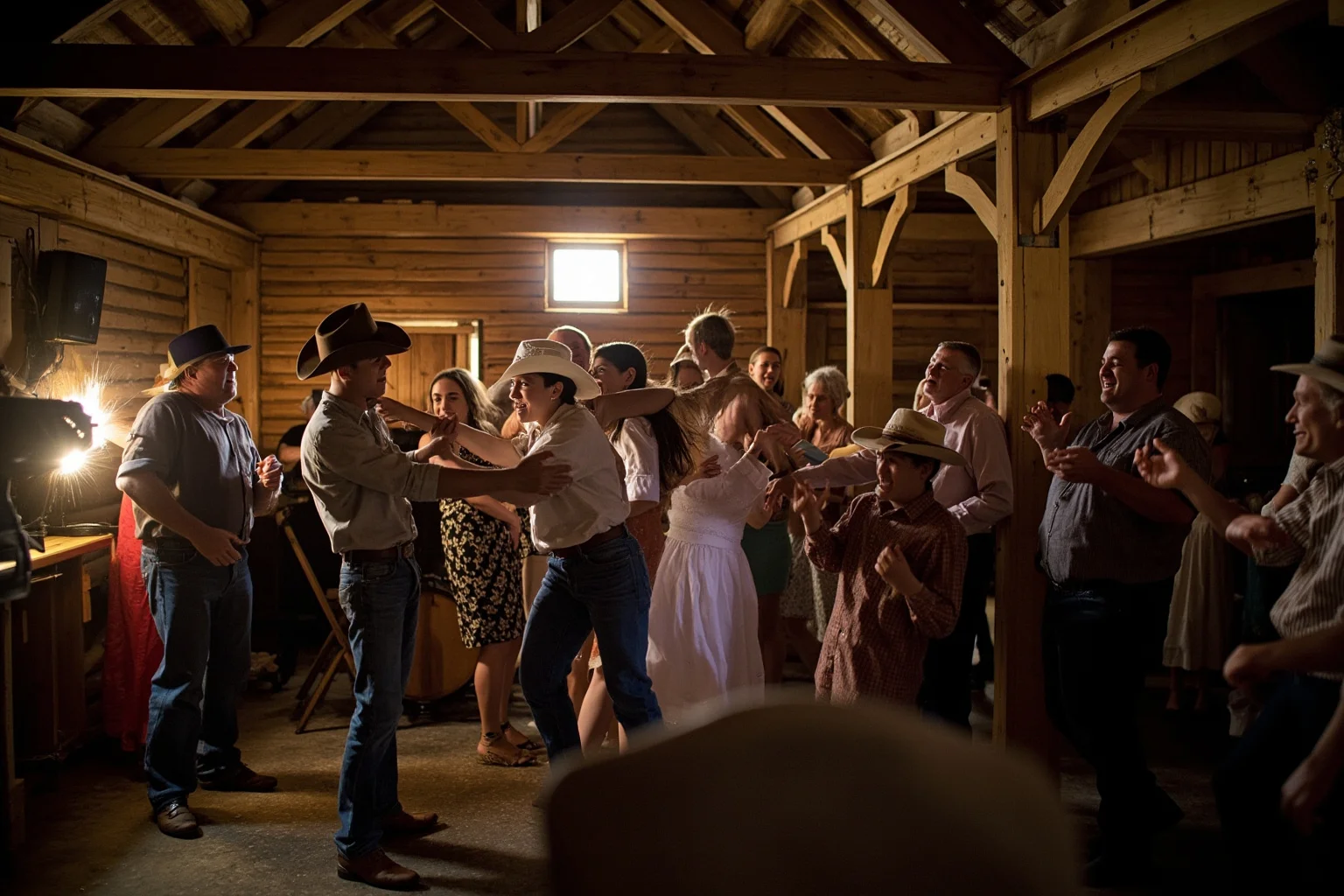 Hilarious Slang Terms From The Wild West 8 A rowdy country barn dance with cowboys and cowgirls dancing energetically, string band playing in the corner
