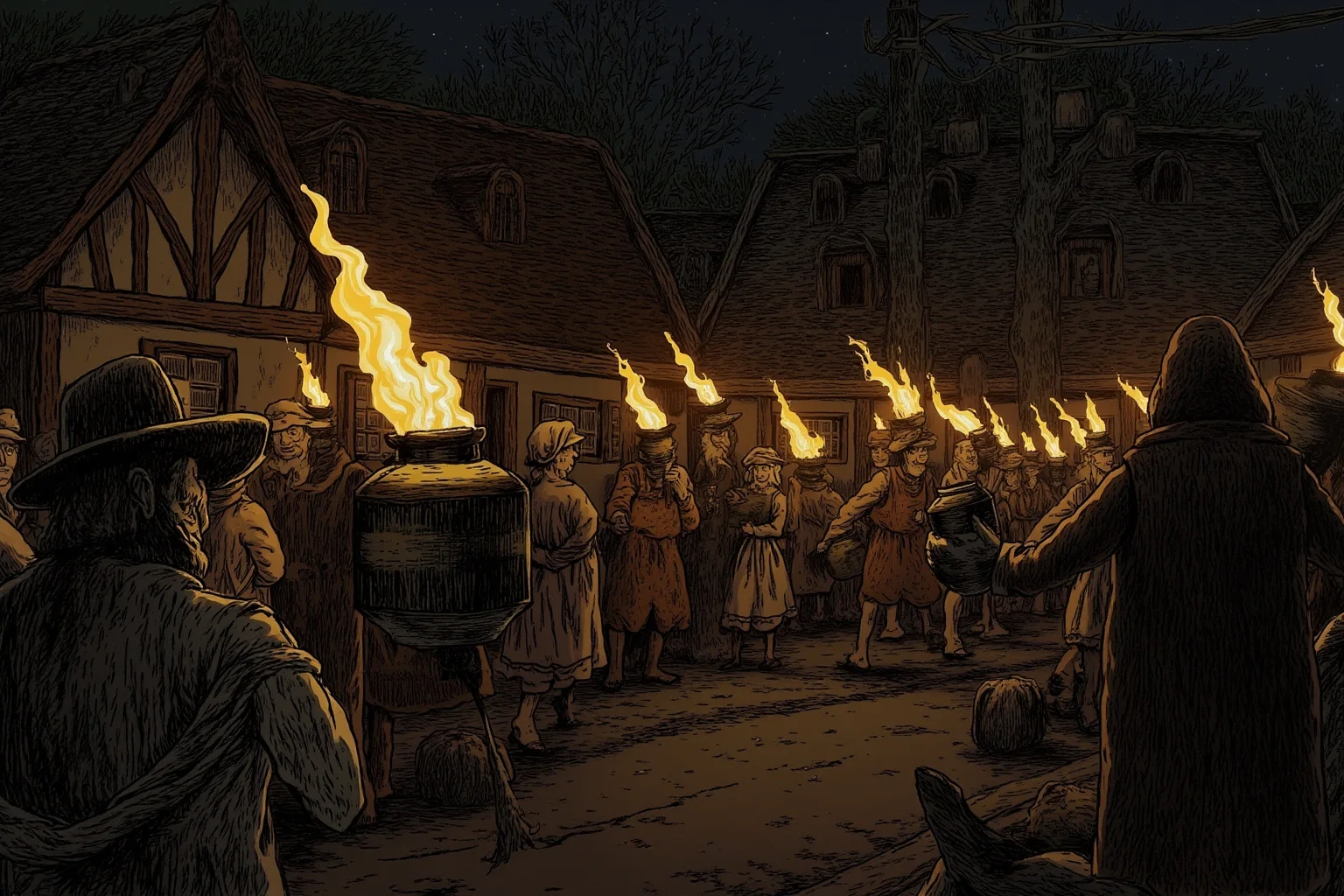 Brutal Forms of Public Humiliation Throughout History 8 A rowdy torch-lit night parade through a village street with pots and horns, historical illustration style, no identifiable faces