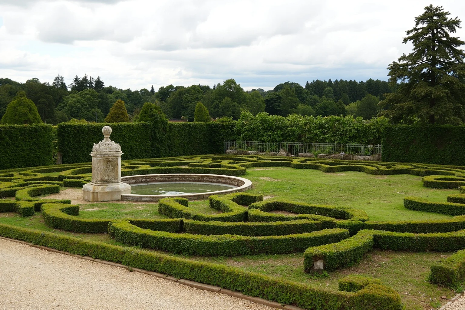 A royal garden with manicured hedges and a small ornamental animal enclosure, early 20th-century European palace style