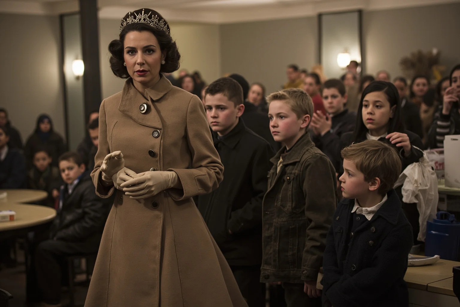 A royal-style woman in elegant coat visiting a bustling homeless shelter with two young boys beside her, soup kitchen setting
