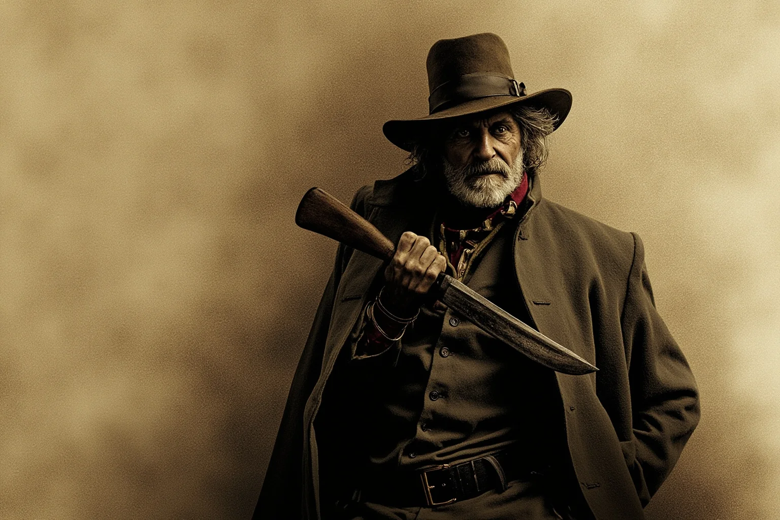 A rugged Confederate-veteran-era man in a long coat gripping a knife handle, illustrated in shadowy sepia tones
