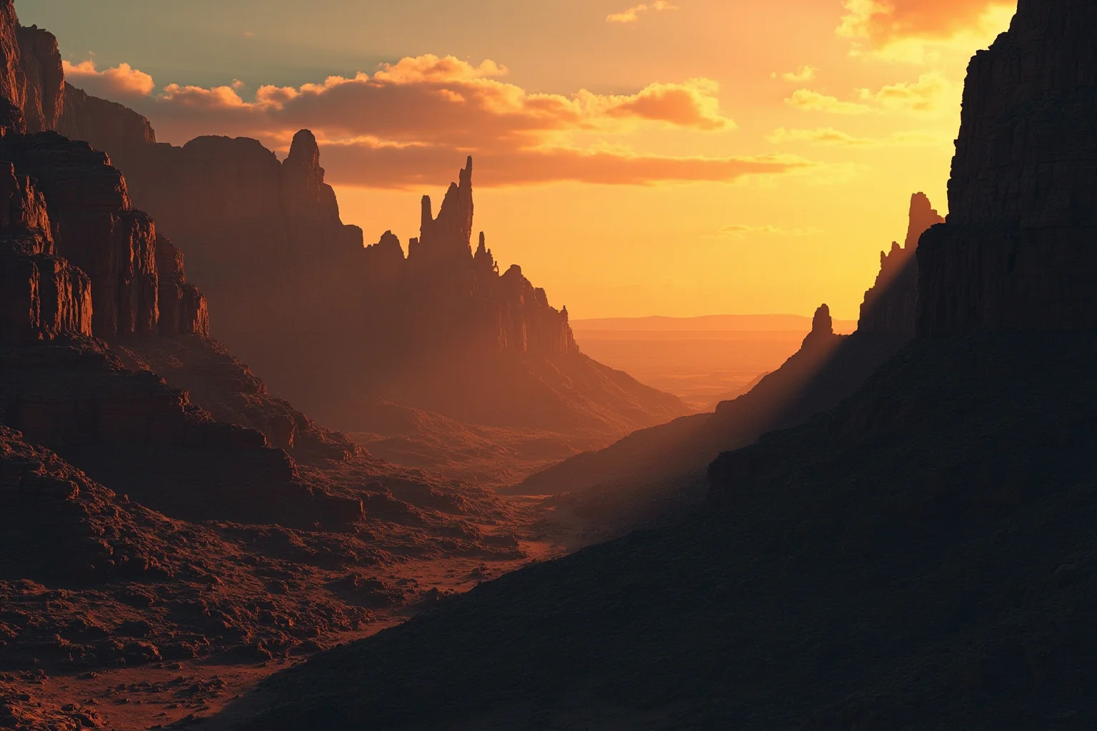 Missing Legendary Treasures That Are Yet to Be Found 13 A rugged desert mountain range at sunset with jagged rock spires, evoking a hidden gold mine legend