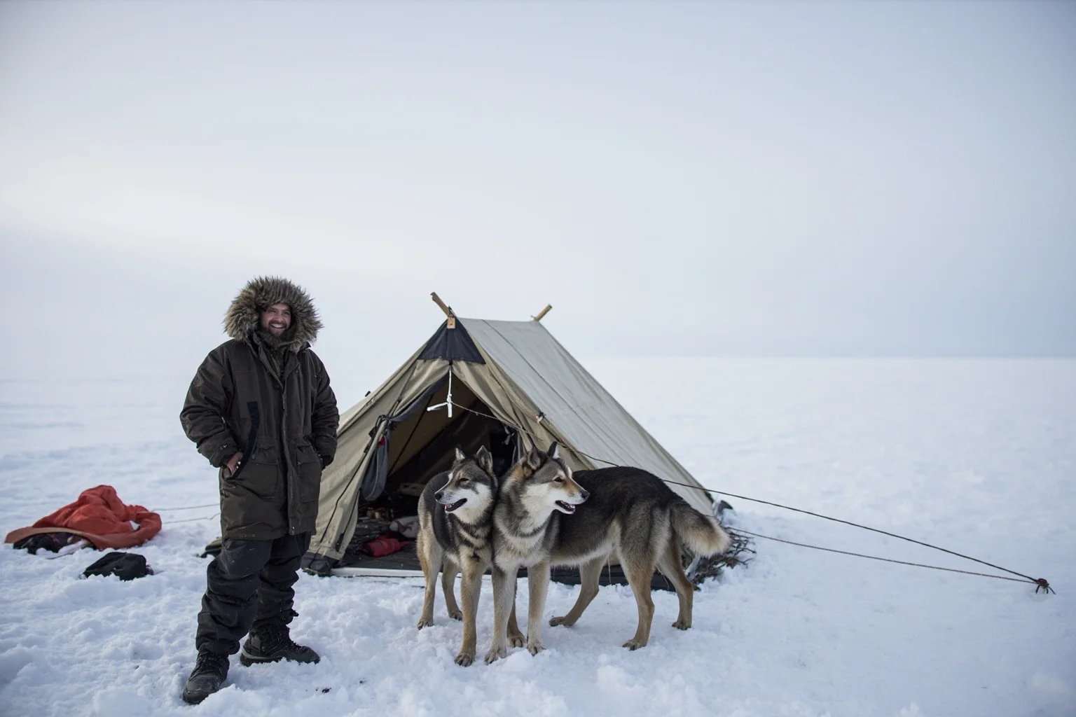 A rugged explorer in fur parka standing beside sled dogs near a canvas tent on Arctic tundra