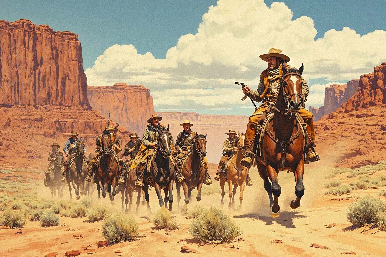 A rugged frontier scout on horseback leading a group through a desert canyon, historical illustration