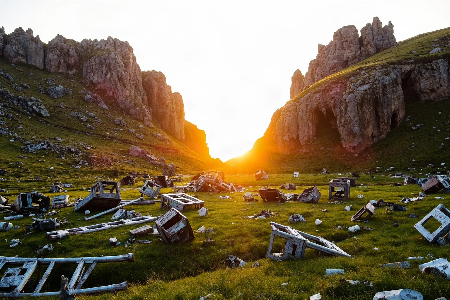 A rugged green hillside landscape in Greece with scattered wreckage debris at dawn light