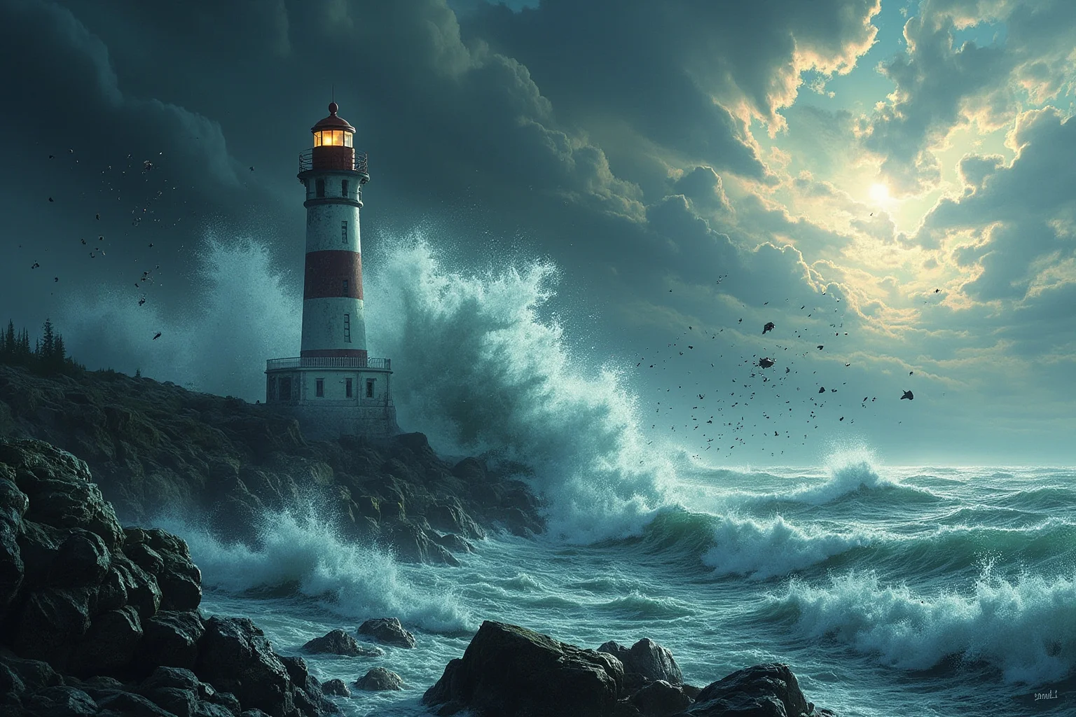 Strange History: Why Lighthouse Keepers Went Mad (Or Did They?) 13 A rugged Pacific coast lighthouse being battered by enormous waves and flying debris, dramatic stormy illustration