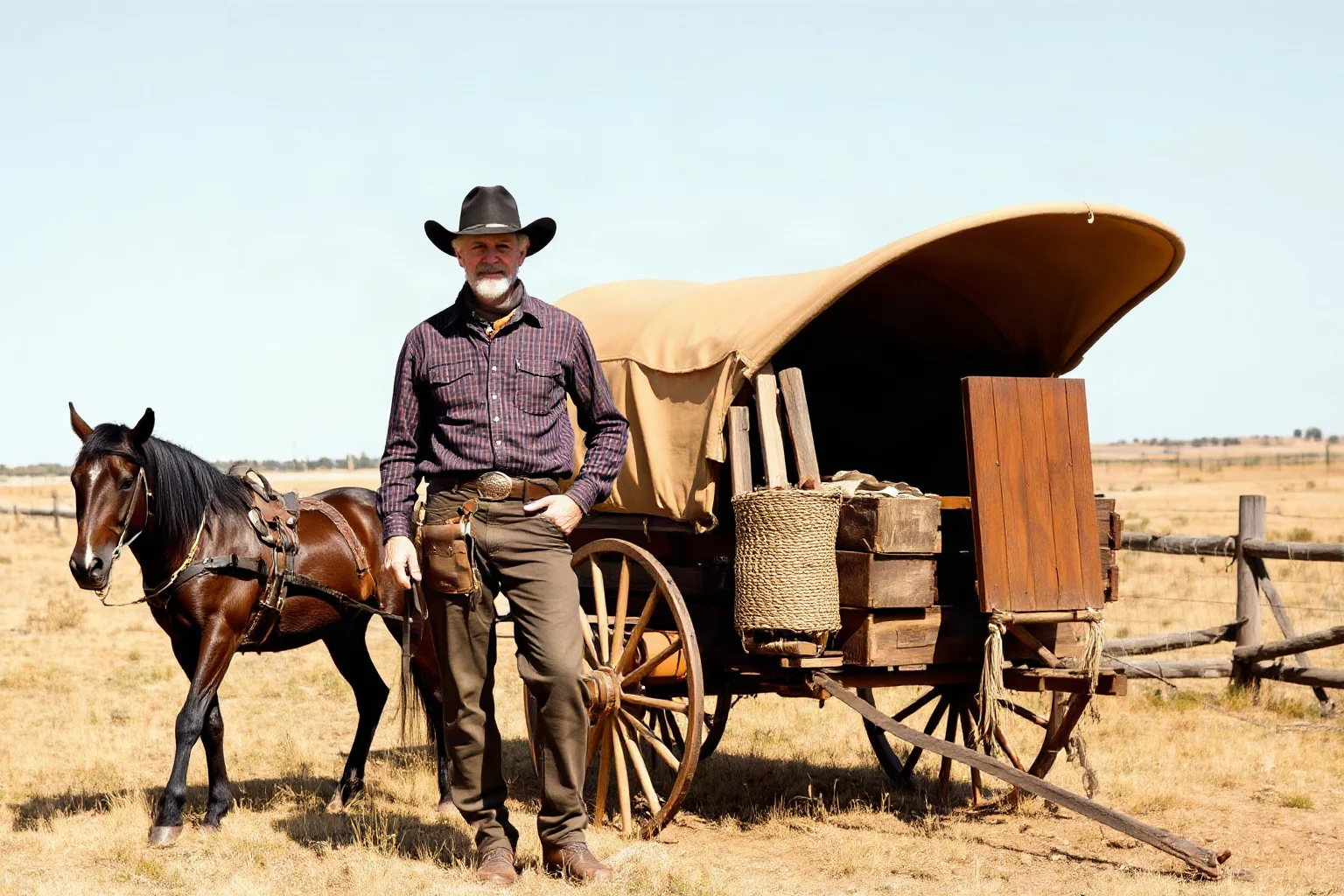 A rugged rancher standing beside a horse-drawn chuckwagon on the Texas plains
