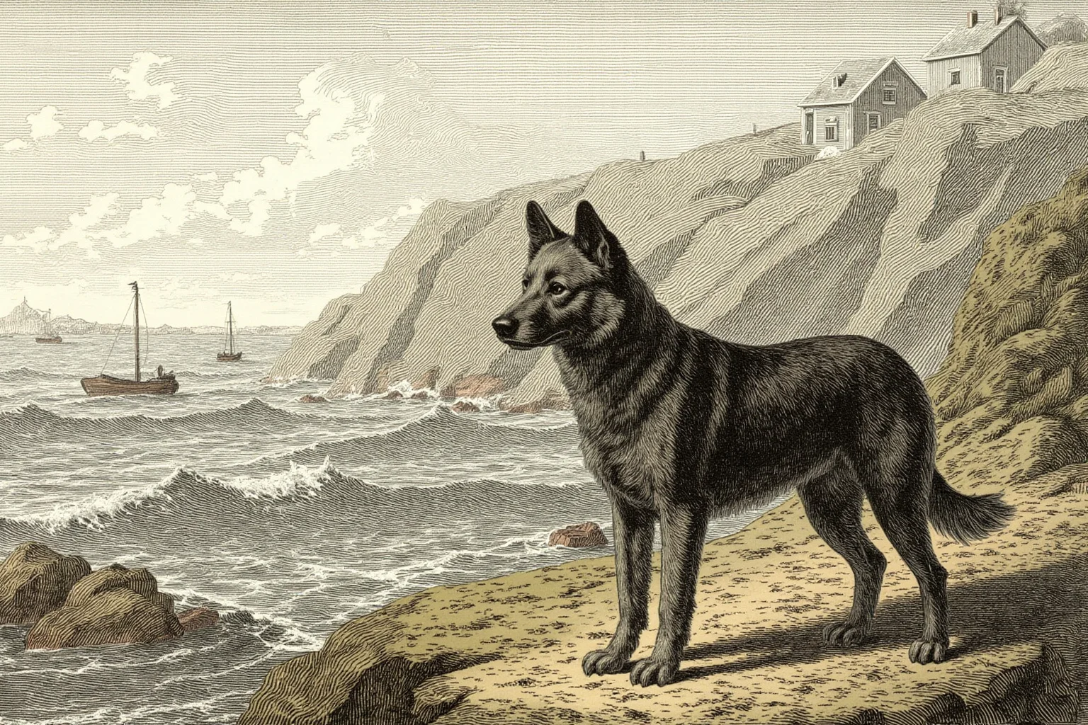 Pooches of the Past: 23 Extinct Dog Breeds and Their Stories 3 A rugged short-haired dog standing on a rocky, windswept southern coastline with a small boat and huts in the background, historical illustration style