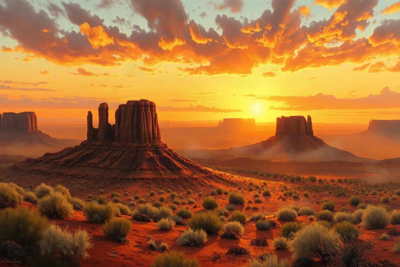 A rugged Southwestern desert landscape with mesas at sunset, evoking Apache homeland, historical painting style