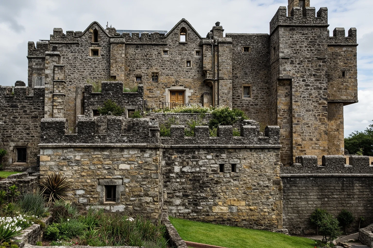 A rugged stone palace facade with heavy rustication and terraced gardens behind it