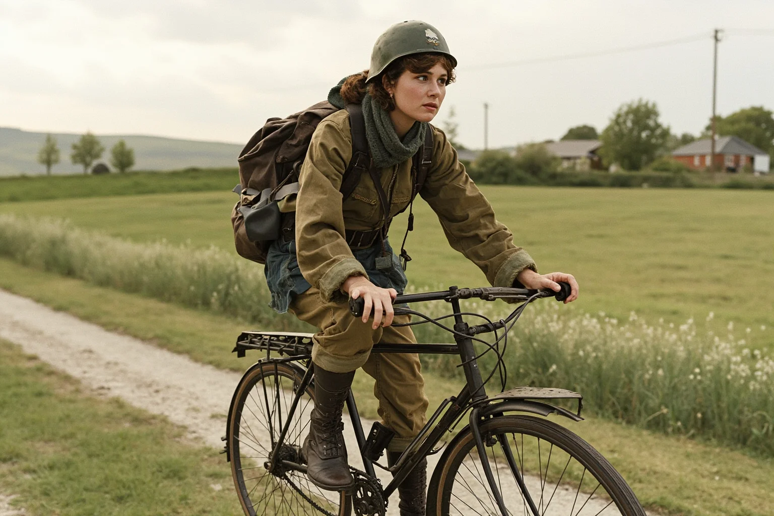 A rugged woman in outdoor resistance fighter clothing riding a bicycle through the French countryside, WWII, illustrated style