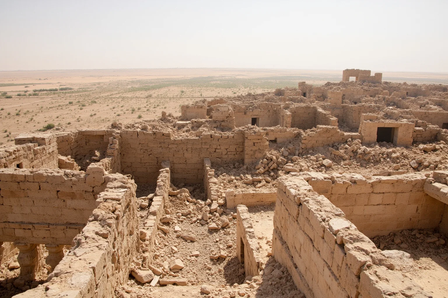 A ruined desert city with collapsed masonry buildings after a mid-20th-century earthquake