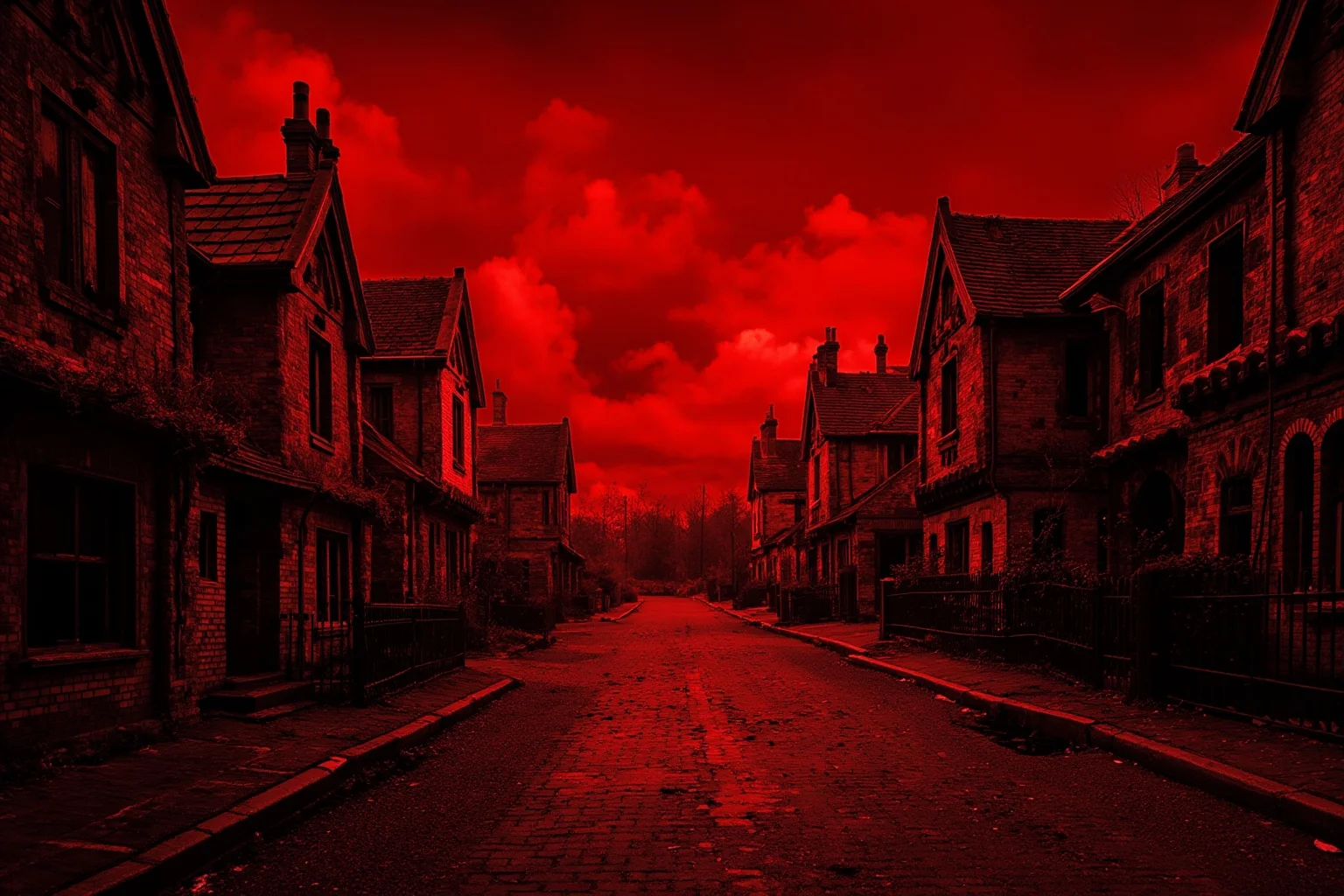 A ruined English village street with Victorian architecture crumbling, eerie red-tinted alien atmosphere