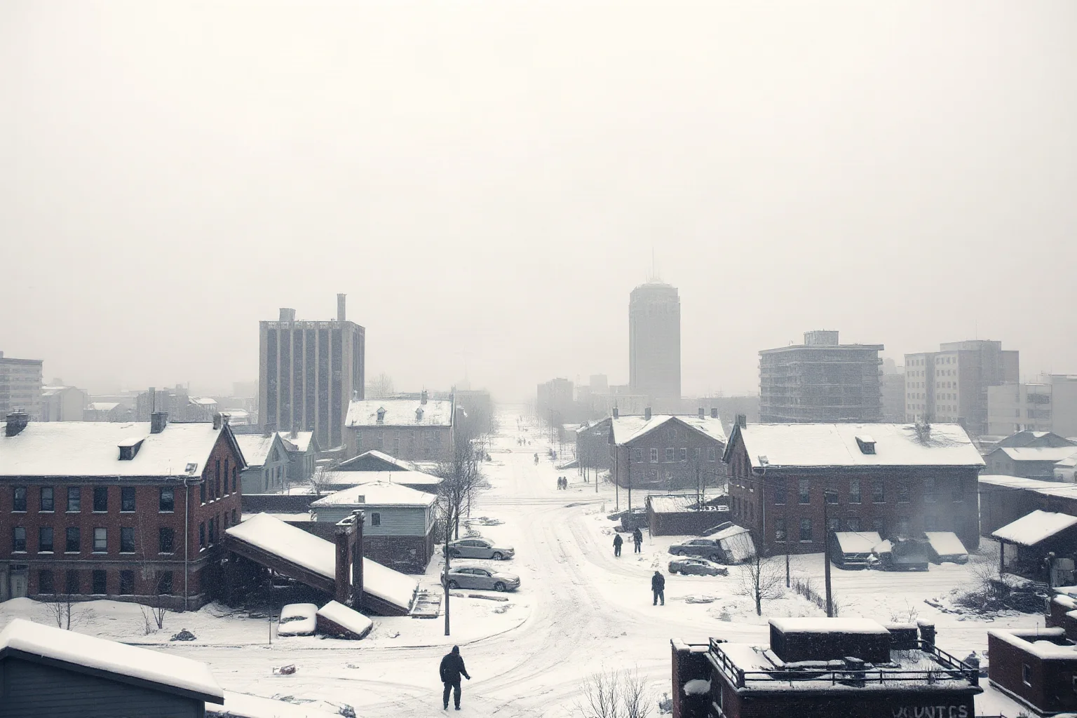 A ruined snow-covered city skyline with damaged buildings, evoking a devastating winter battle