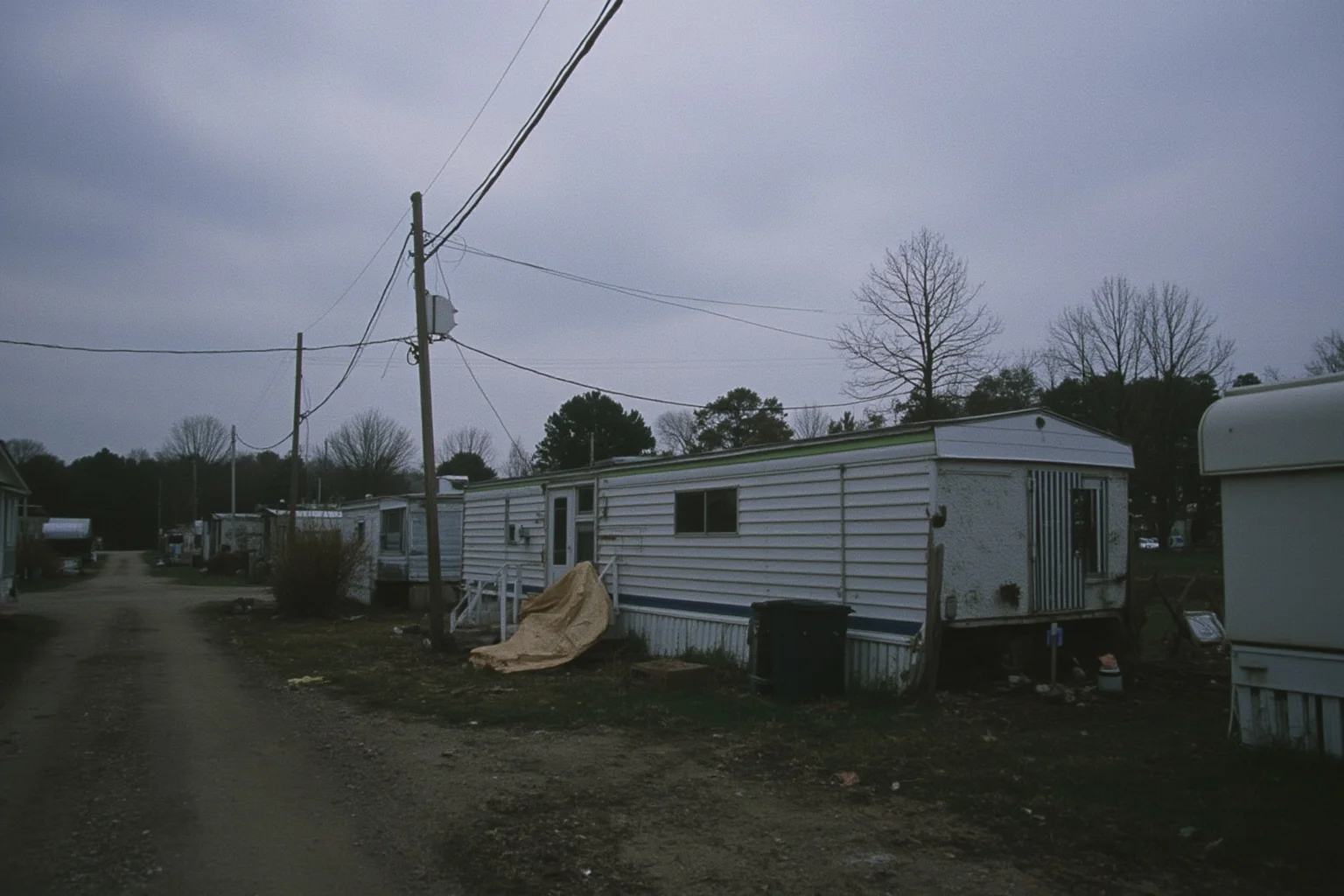 A run-down trailer park under a gray Michigan sky, evoking a difficult childhood setting